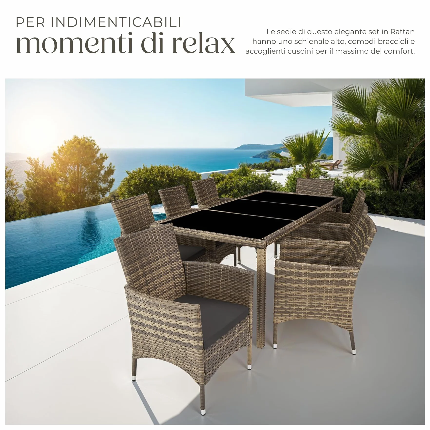 tectake® Set Mobili Giardino 8 Sedie 1 Tavolo Cuscini Morbidi Poli Rattan Naturale/Grigio Scuro