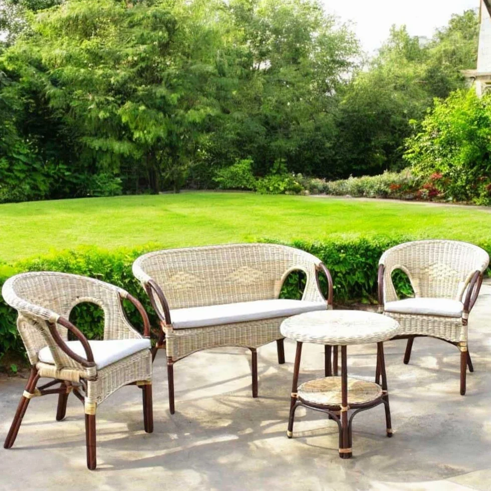 Salotto da giardino in bambu mandolino con vimini intecciato 1divano 2 poltrone 1 tavolino con cuscini omaggio