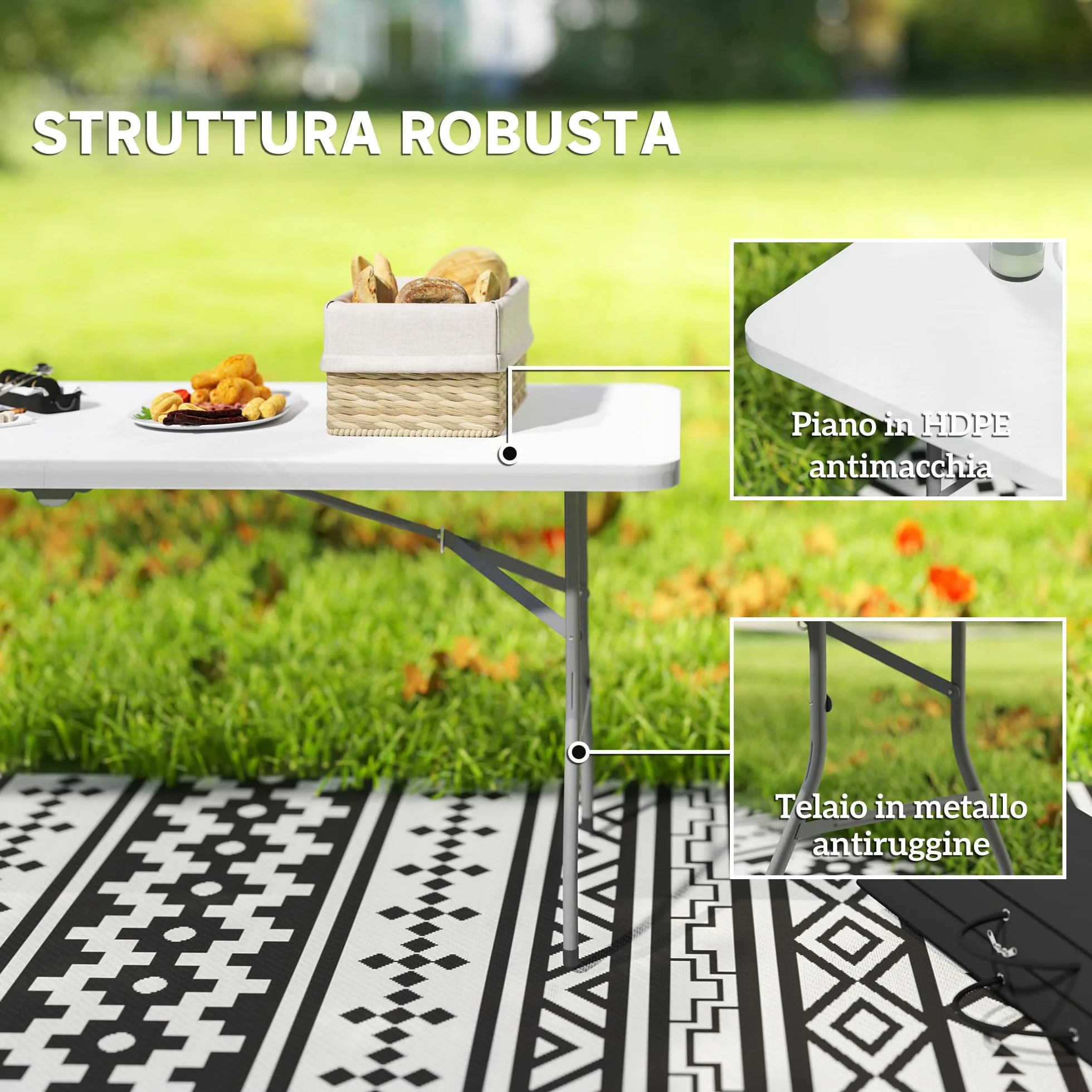 Outsunny Tavolo da Campeggio Pieghevole 180x74x74 cm Bianco, Tavolino da Esterno con Telaio in Metallo