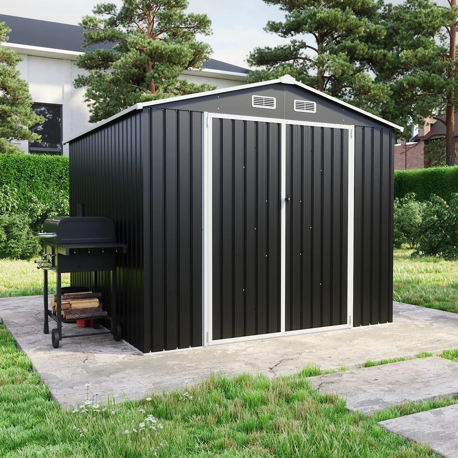 Casetta Da Giardino In Acciaio Zincato 2,56x2,56xh2,16m, 6,55mq, Deposito Attrezzi con Tetto Spiovente, Porta Battente (Nero)