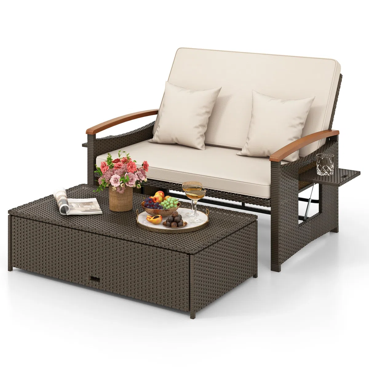 GIANTEX Divano da Giardino in Rattan a 2 Posti con Funzione Allungata, Set di Mobili in Rattan con Sgabello, Doppia Sedia a Sdraio per 2 Persone, 3 Colori (Cuscino Beige)