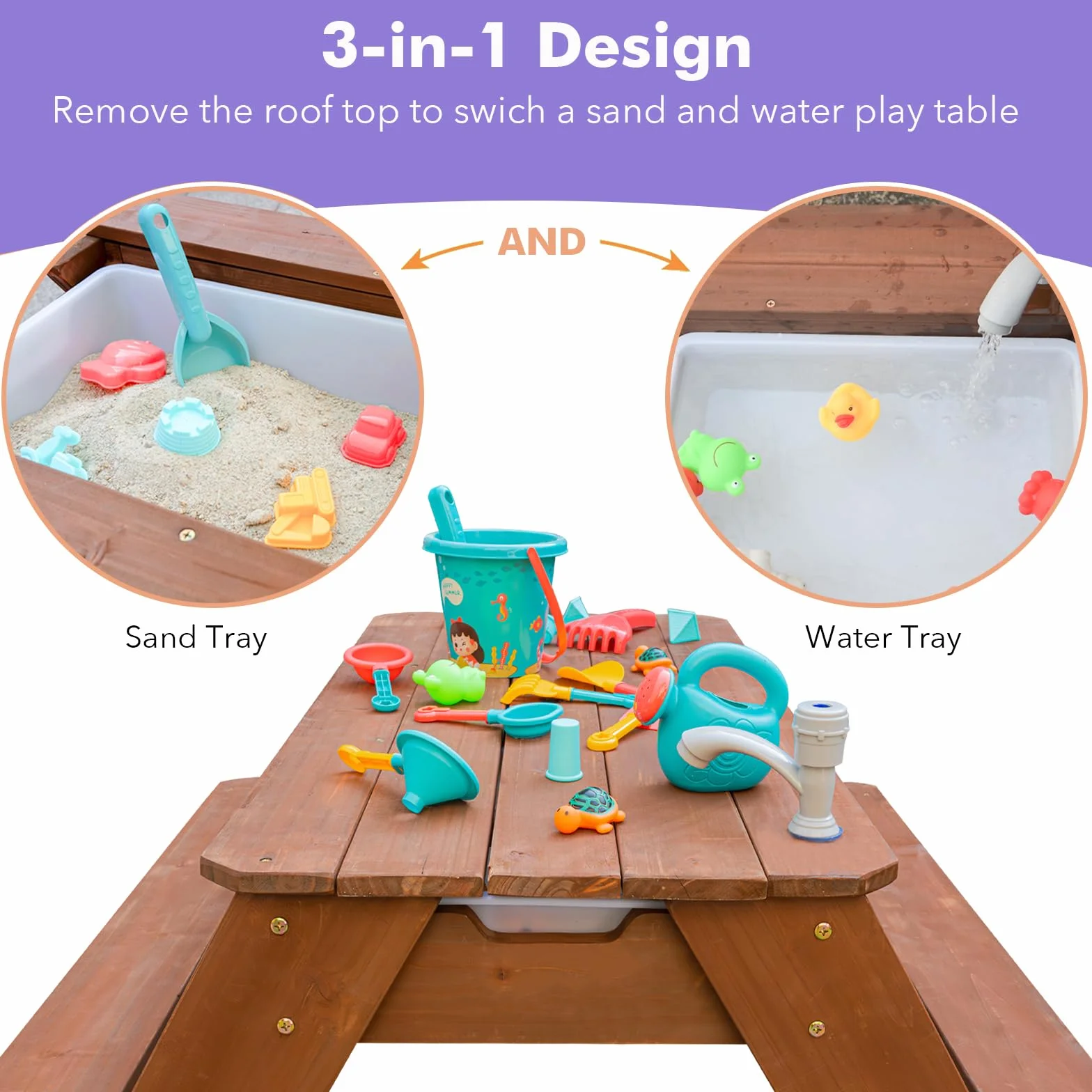Kids - Tavolo da picnic 3 in 1 per attività in legno e acqua, per esterni, trasformabile, con ombrello, 2 scatole da gioco, parte superiore rimovibile, per esterni (Brown/Navy)