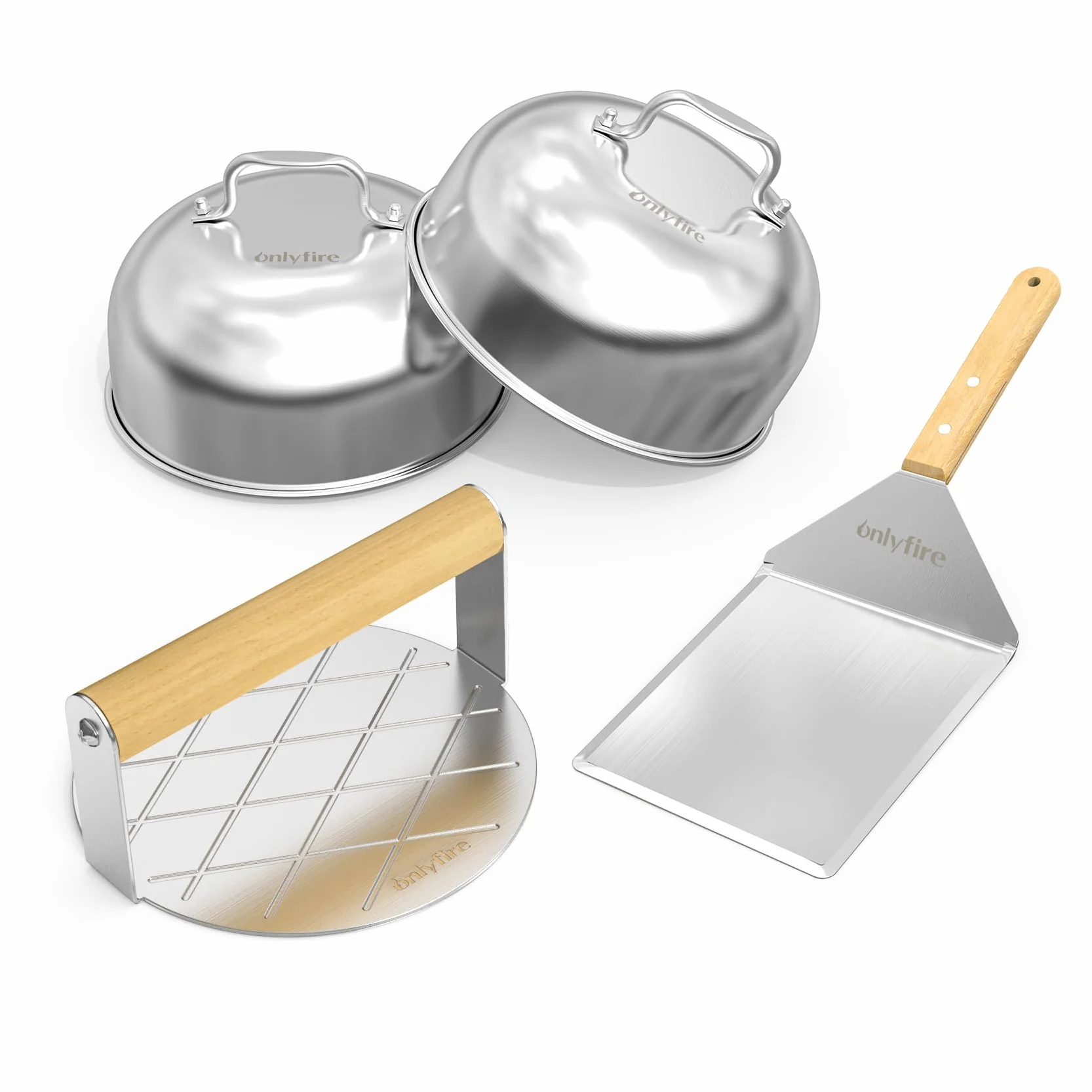 Onlyfire Kit Smash Burger, Coperture per Hamburger da 2 x 16 cm, Pressa per Hamburger Rotonda e Spatola da Grill Grande, Accessori per Barbecue per Piastra, Teppanyaki e Campeggio