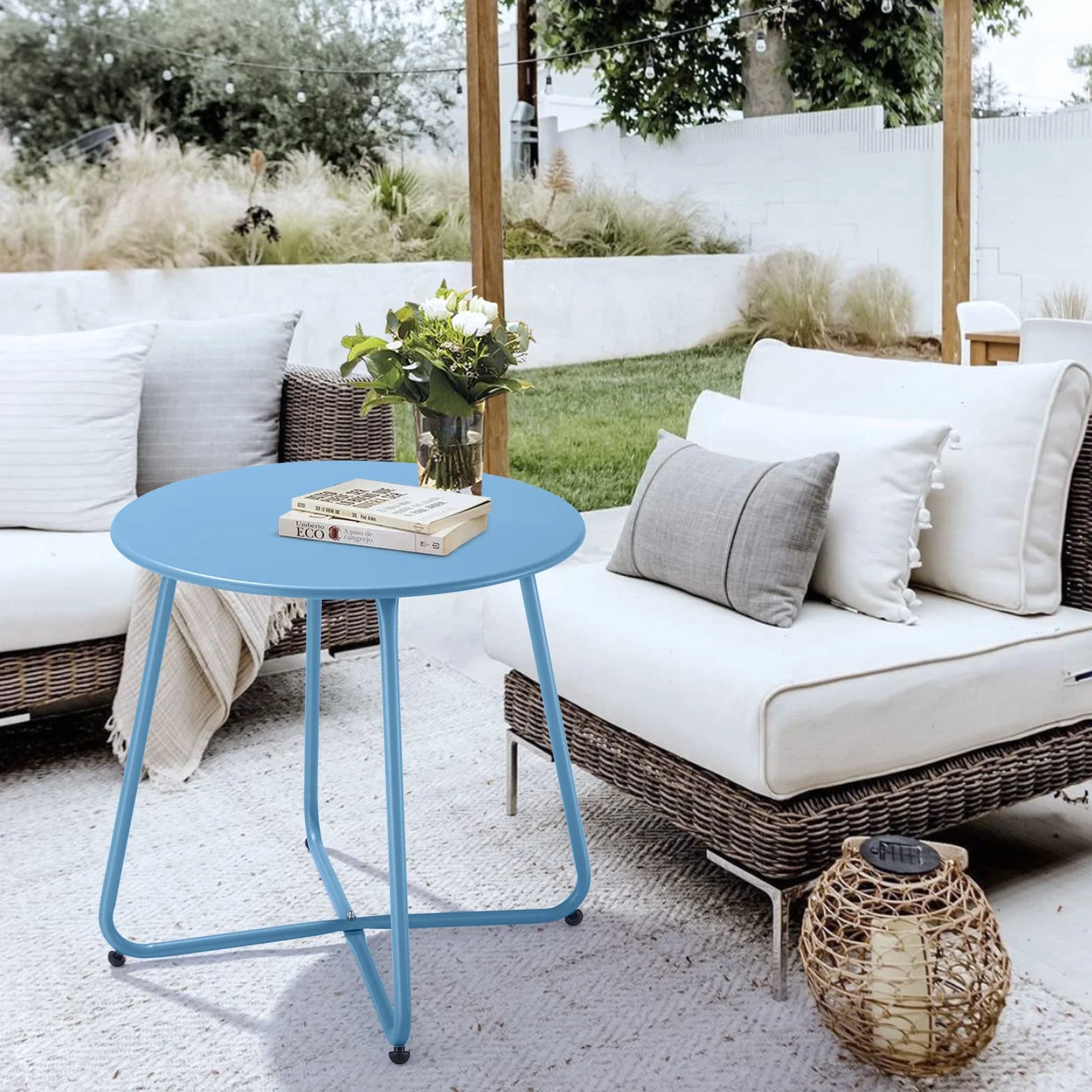 Fokebel Tavolino piccolo in metallo, da giardino, rotondo, tavolino da caffè e tavolino con gambe regolabili (blu, Ø 45 x 45 h)