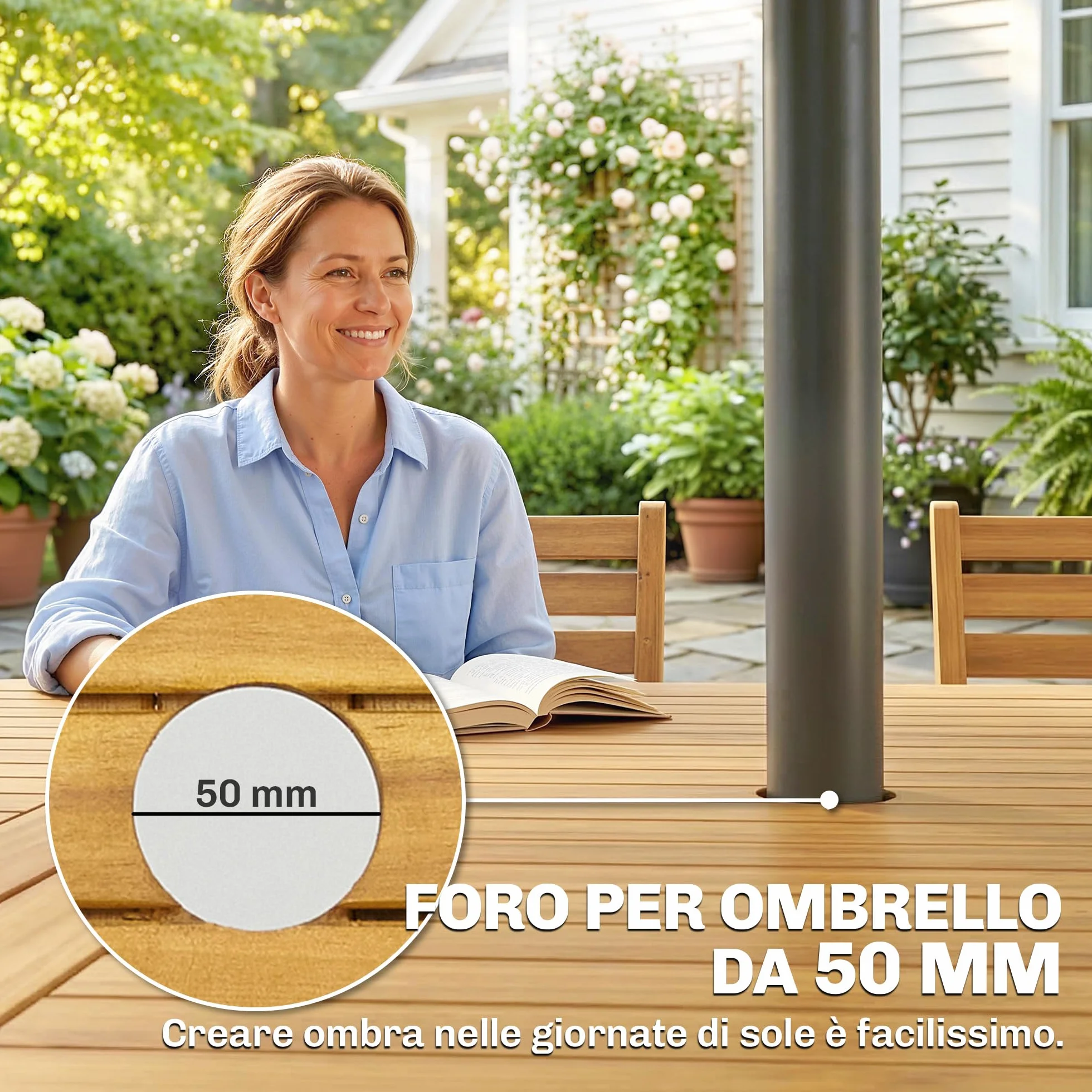 Outsunny Set Tavolo e Sedie da Giardino 7 Pezzi in Legno Acacia Pieghevole con Foro Ombrellone Ruote