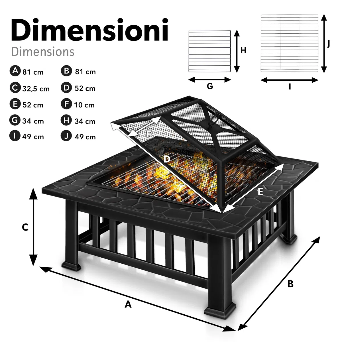 tillvex Braciere con Parascintille e Griglia | Braciere Esterno per il Giardino | 3 in 1 BBQ Grill con Coperchio, Attizzatoio, Pinze e Griglia a Carbone