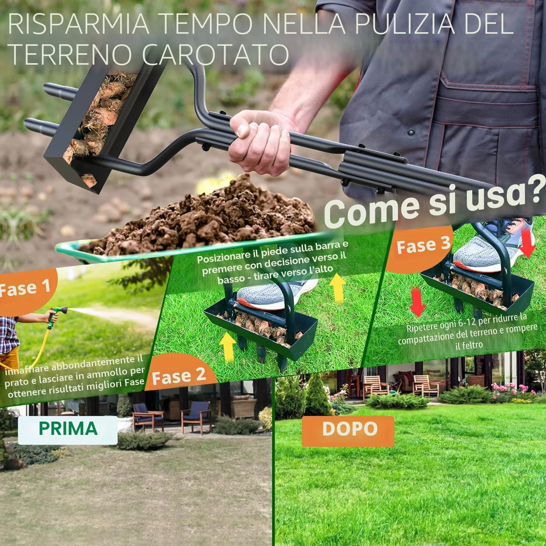 EEIEER Arieggiatore per Prato Manuale, Arieggiatore Manuale Aeratore Prato con Vassoio di Stoccaggio e Attrezzo da Giardino, Aeratore per Prato Scarificatore per Prato Arieggiatore Prato