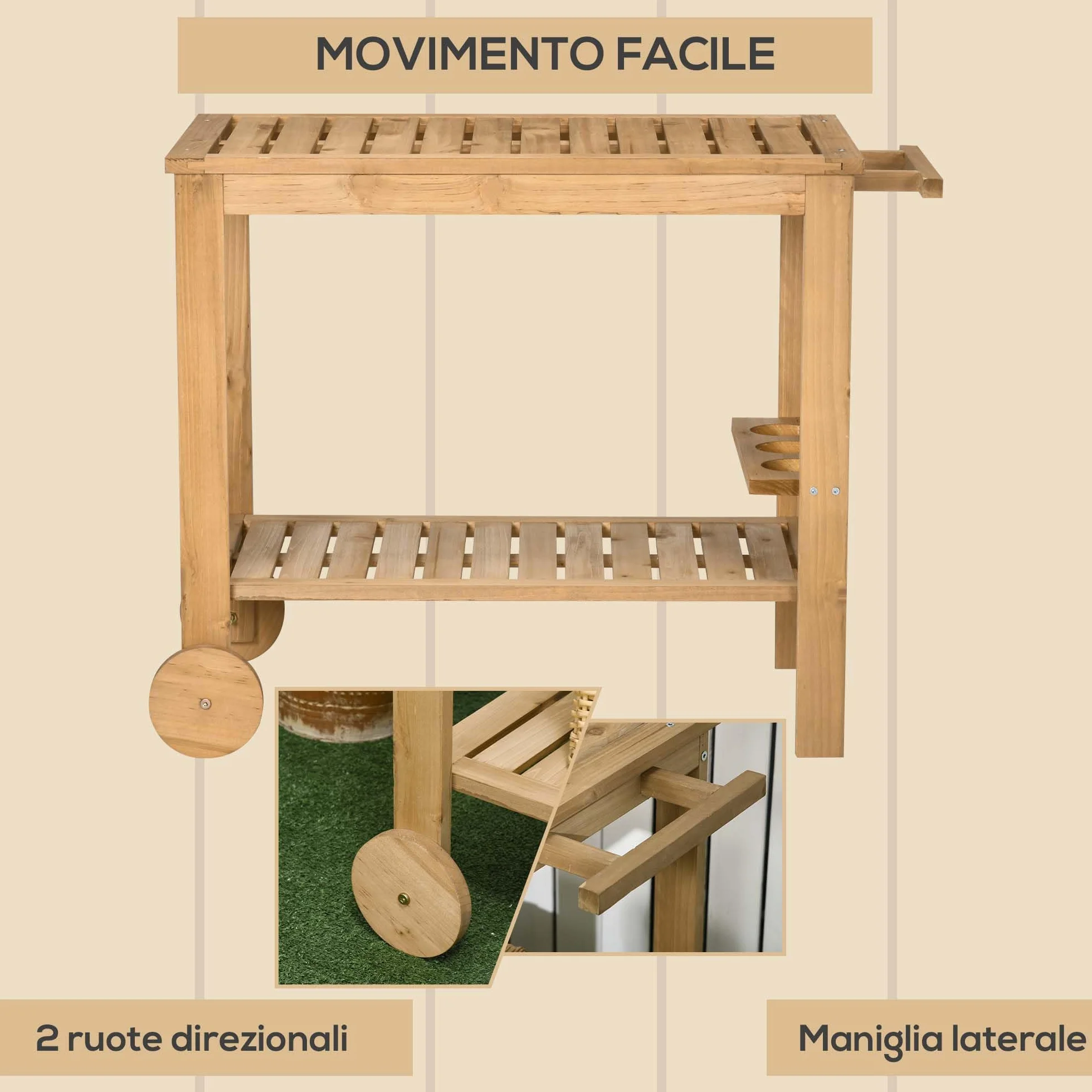 Outsunny Carrello Portavivande da Giardino in Legno di Abete 95x47x74 cm