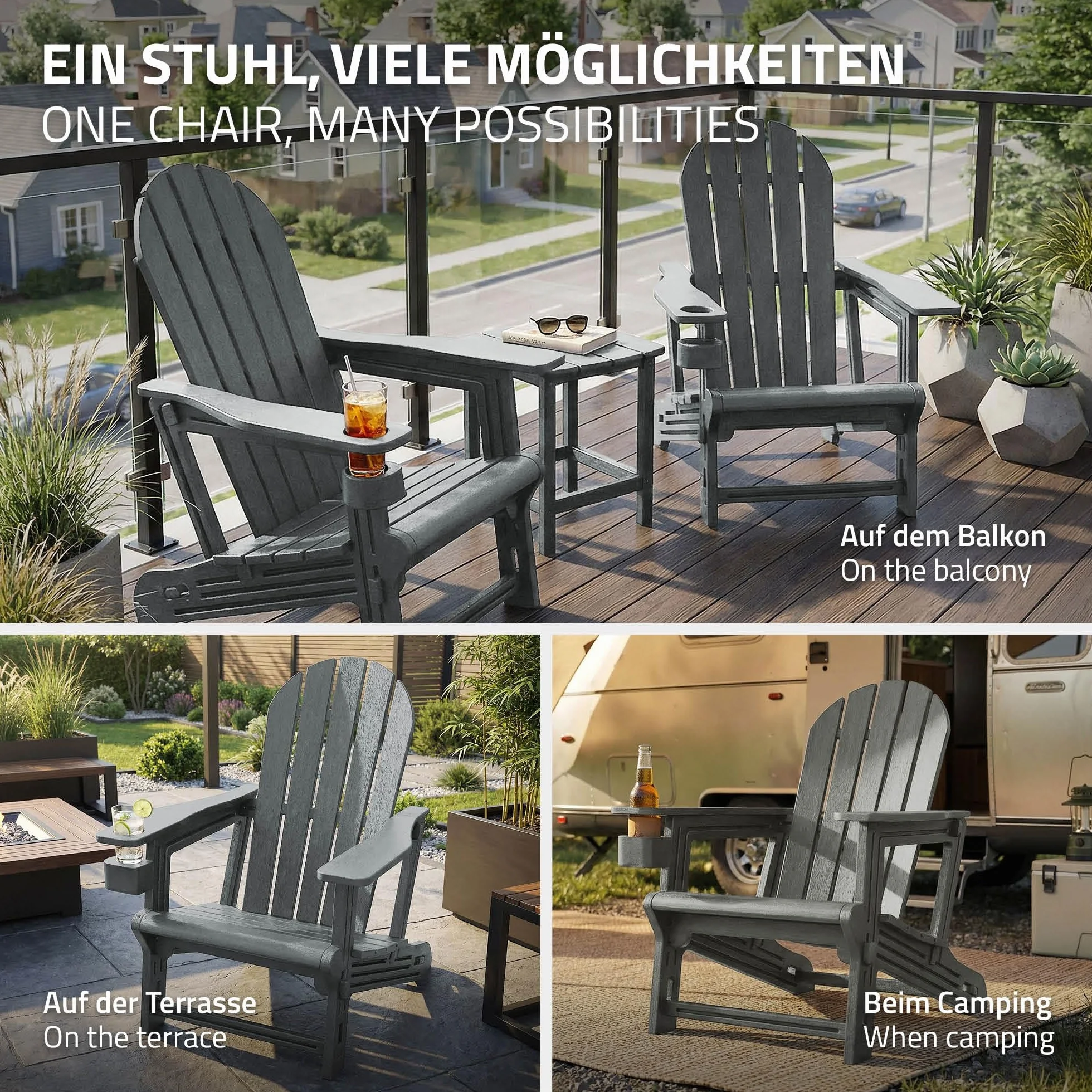 ML-Design Sedia Adirondack da Giardino con Portabicchieri, Grigia, Poltrona da Esterno in Plastica Effetto Legno, Sedia Lounge con Sistema a Incastro, Resistente alle Intemperie, per Patio e Giardino
