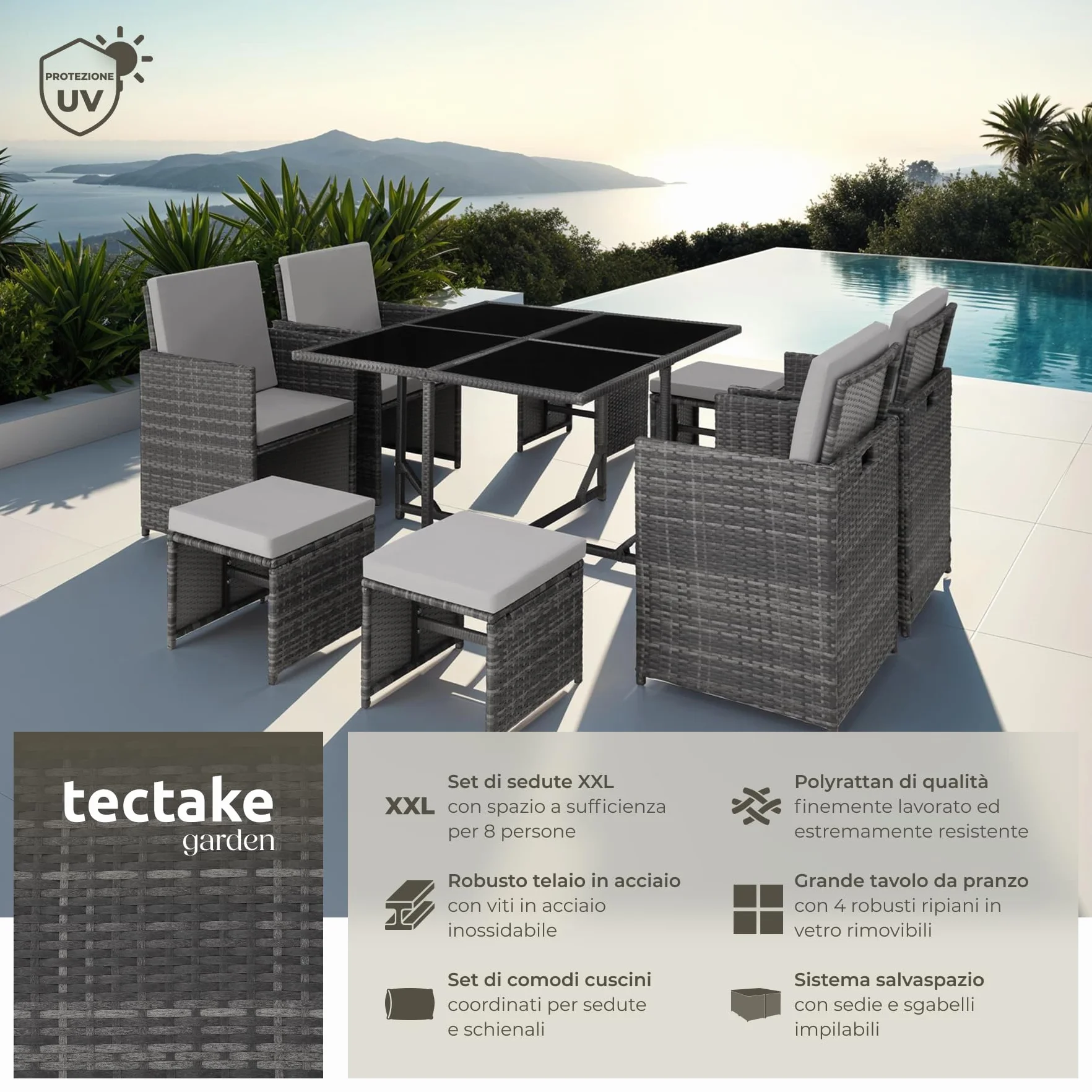Set Mobili Rattan Bilbao 4 Sedie 4 Sgabelli Tavolo Acciaio Poly Rattan Giardino Terrazzo Grigio