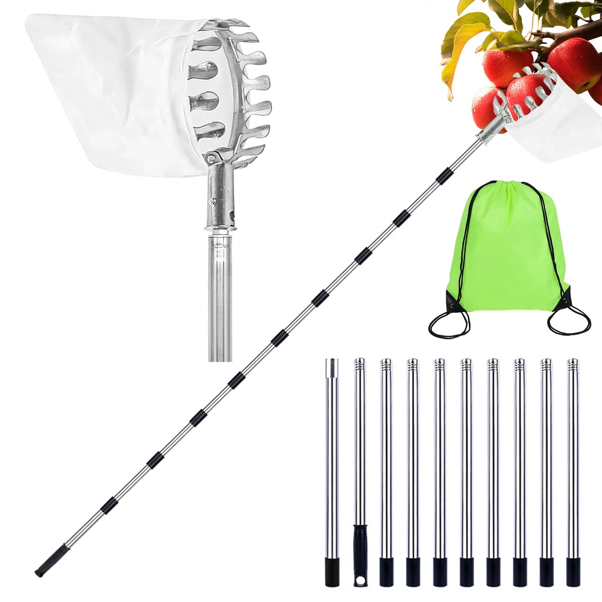 Raccogli frutta con manico telescopico, in acciaio inox, 4,2 m, raccogli mele, ciliegie, lunghezza regolabile, raccolta prugne, frutta con sacchetto di cotone