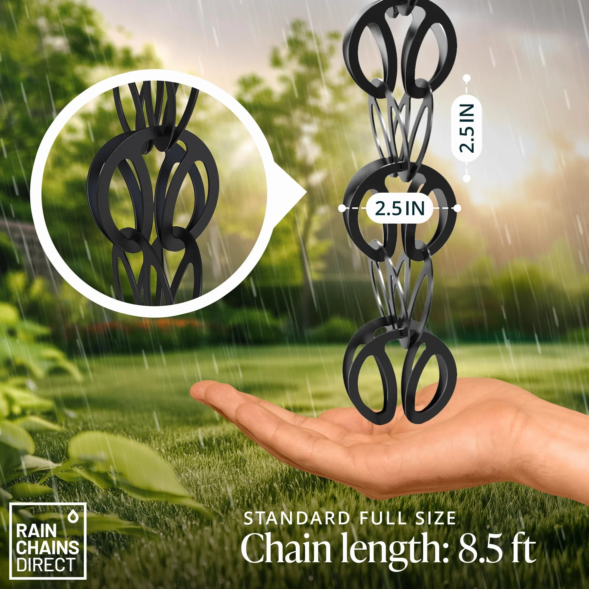 Rain Chains Direct Passante Moderno, Lunghezza 2,5 m, Alluminio, Verniciato a Polvere Nera, Ricambio Funzionale e Decorativo per pluviali grondaie