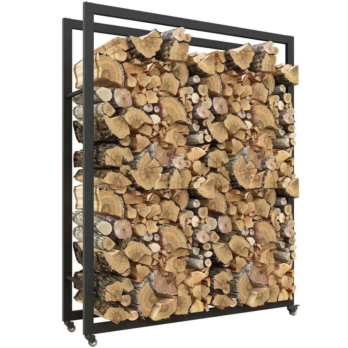 Outsunny Scaffale Portalegna da Esterno e Interno con Ruote, Legnaia in Metallo Rinforzato, 0.43m³, 120x32x151cm, Nero