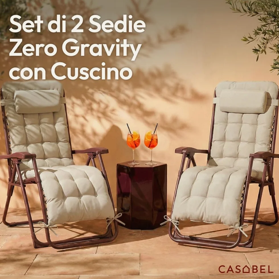 CASABEL Poltrona Relax Gravità Zero Pieghevole con Cuscino, 2 Poltrone Reclinabili Regolabili per Giardino, Balcone o Campeggio con Struttura Acciaio e Tessuto Textilene resistente, Terracotta