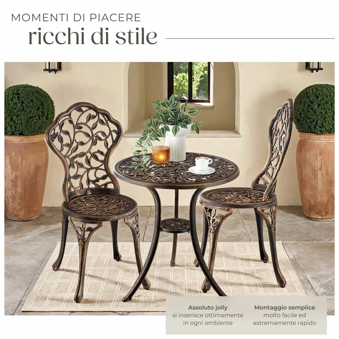 Tectake Bistrot Set per 2 Persone, Tavolo e Sedie da Giardino in Alluminio, Motivo Foglia Vintage
