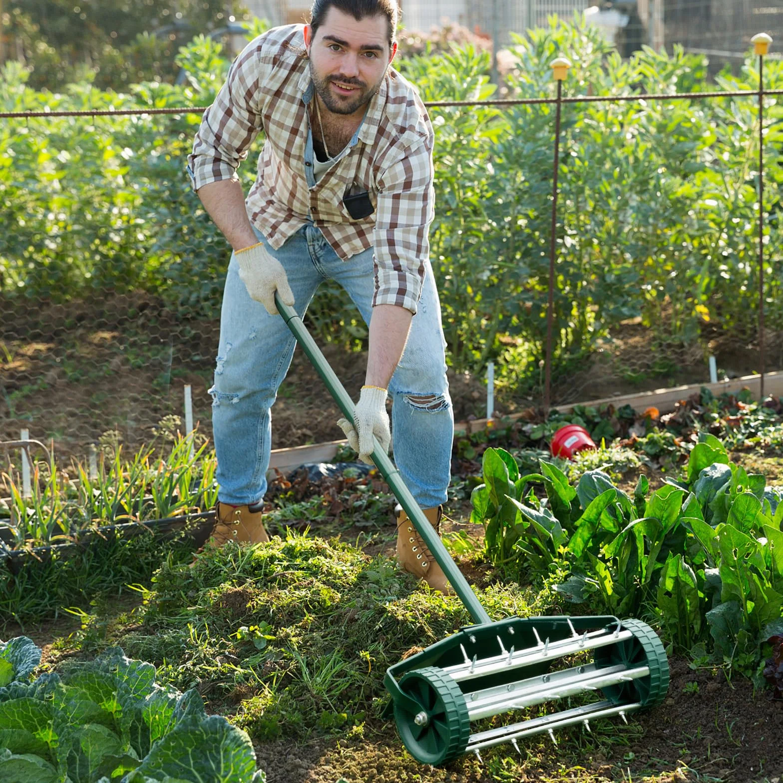 COSTWAY Arieggiatore per Prato, Rullo Arieggiatore da Prato con Parafango, Arieggiatore Manuale per Prato Giardino Terreno, 46 x 23 x 127 cm
