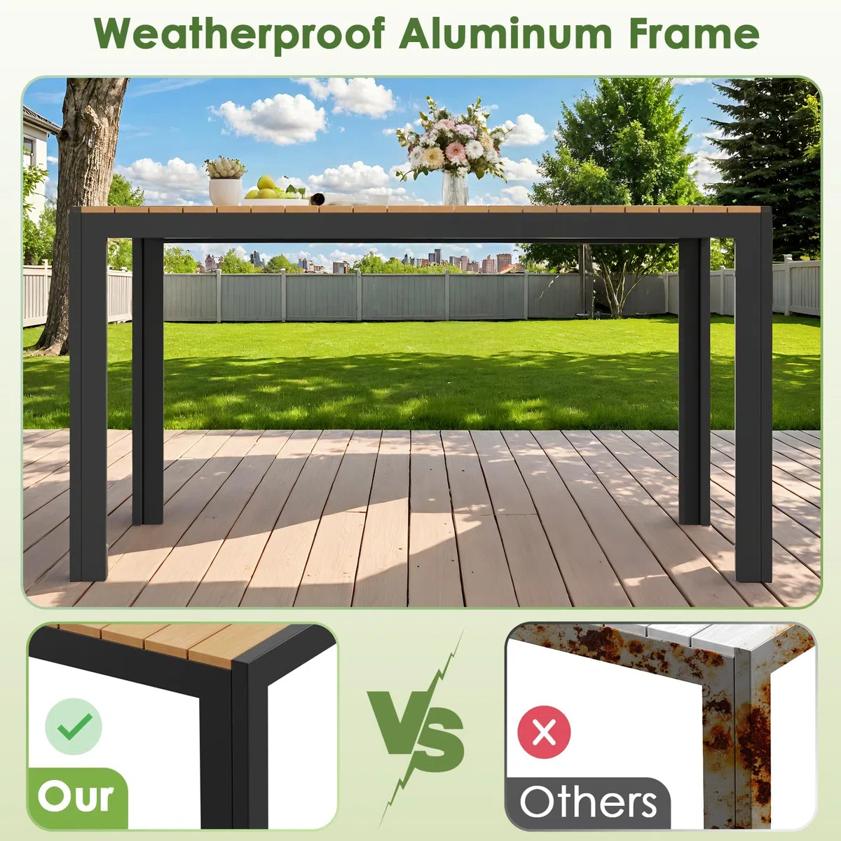 LIFERUN Tavolo da giardino grande, resistente alle intemperie, 140 x 90 x 75 cm, in alluminio, con piano in WPC, tavolo da pranzo rettangolare, per 6 persone, robusto giardino, terrazza, balcone