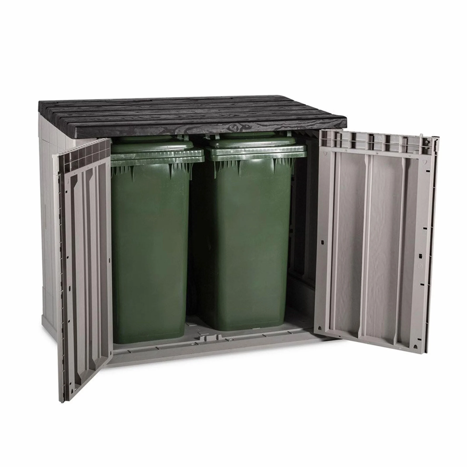 TOOMAX Stora Way Baule da 842L portattrezzi 129,5x74,5x111h cm effetto legno in plastica resistente, grigio talpa/antracite, porta bidoni da 2, con chiusura a chiavistello, ideale per il giardino