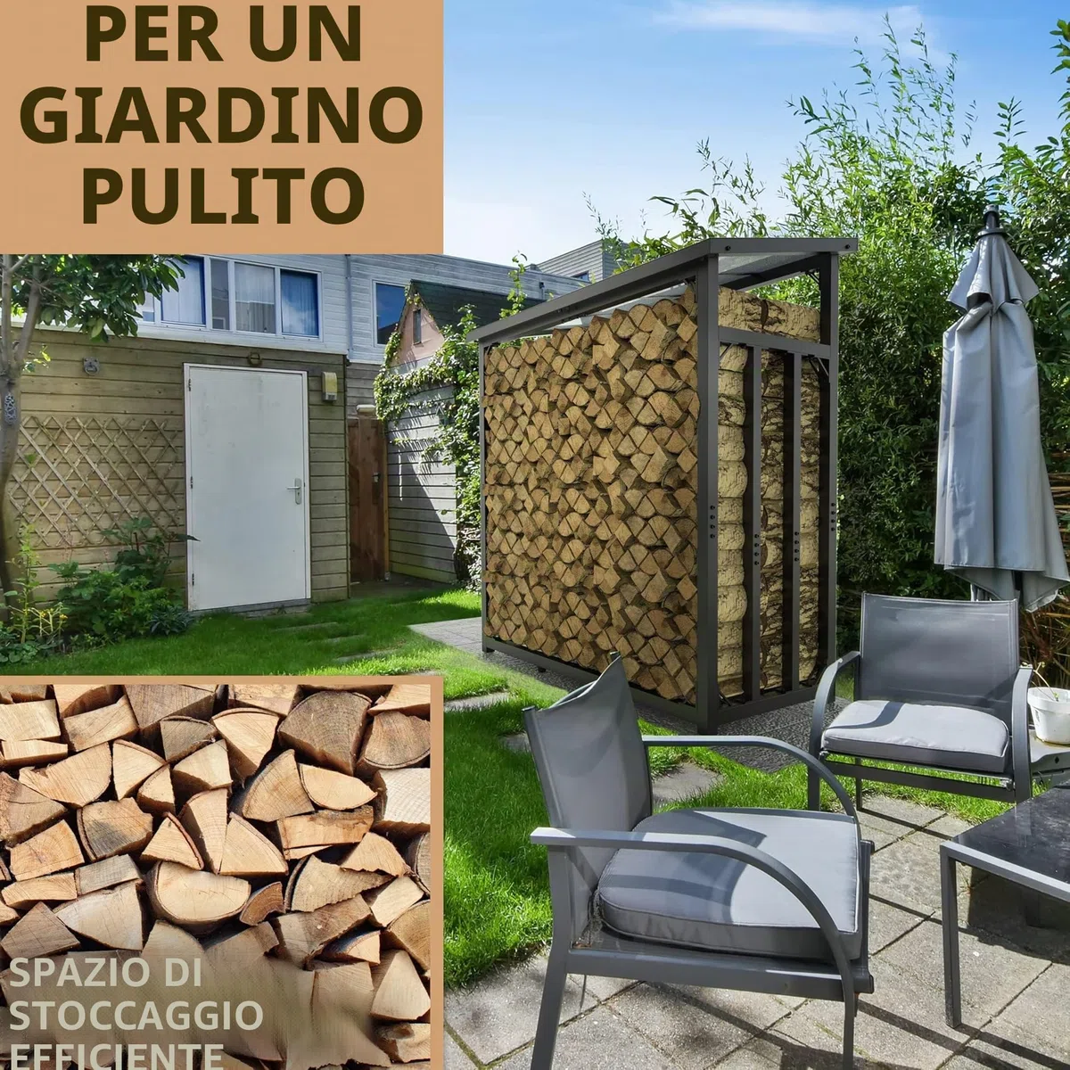 Portalegna da esterno con tetto zincato 188x70x188 45kg portata 3t legnaia metallo