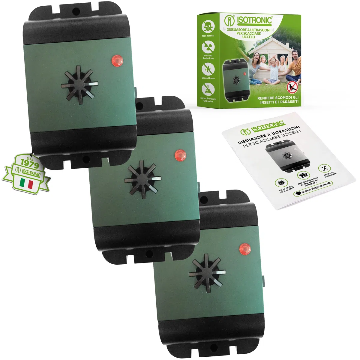 ISOTRONIC dissuasore uccelli ultrasuoni piccioni passeri gabbiani corvi batteria balconi tetti giardini raggio 40m² 3 unità efficace esterno protezione difesa stop volatili ecologico mobile
