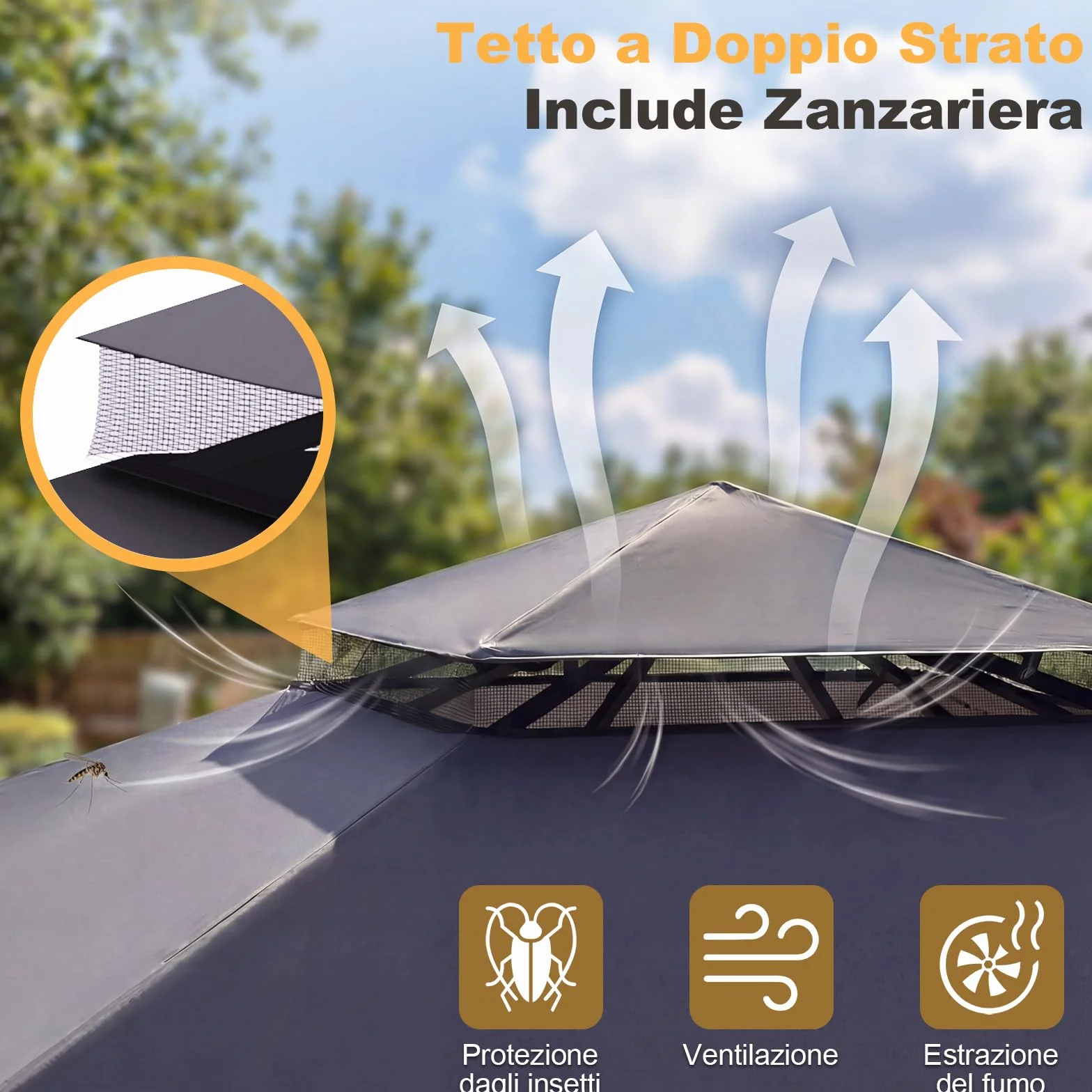 Devoko Gazebo Esterno 3x3m Impermeabile Protezione UV 50+ Pavillon Fisso Giardino 3x4.7m Grigio