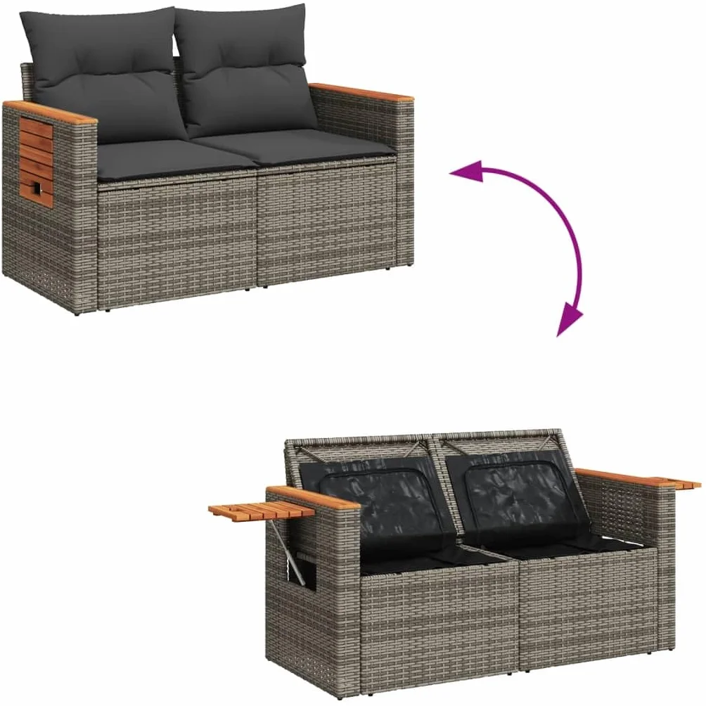 IKAYAA Divanetto da Esterno 2 Posti con Contenitore Divano da Giardino in Polyrattan Salotto da Giardino in Polyrattan Set da arredo per Esterno con Cuscini-Grigio-2 pz