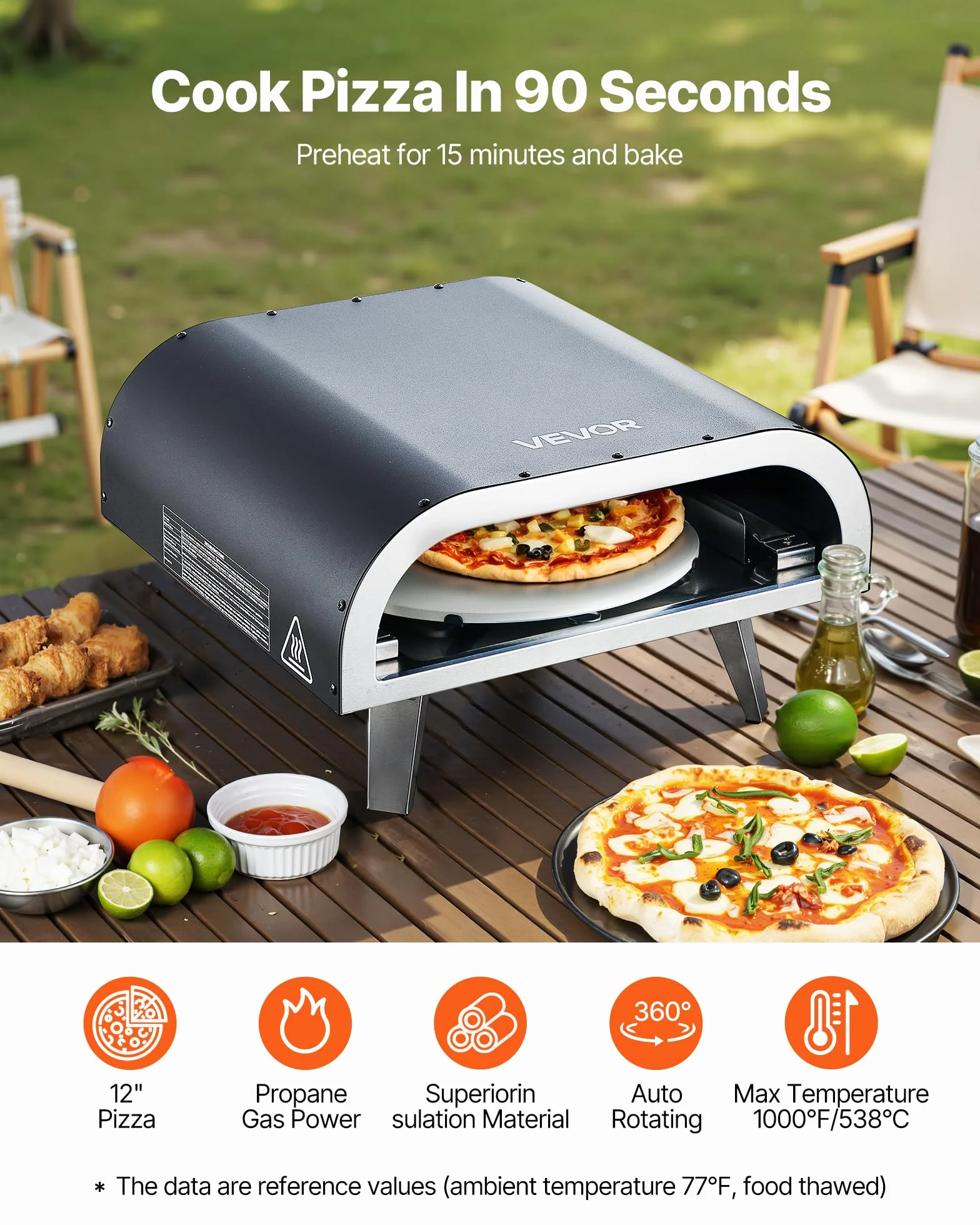 VEVOR Forno per Pizza da Esterno a Gas Propano 304,8 mm con Rotazione Elettrica, Pietra Spessa, Nero