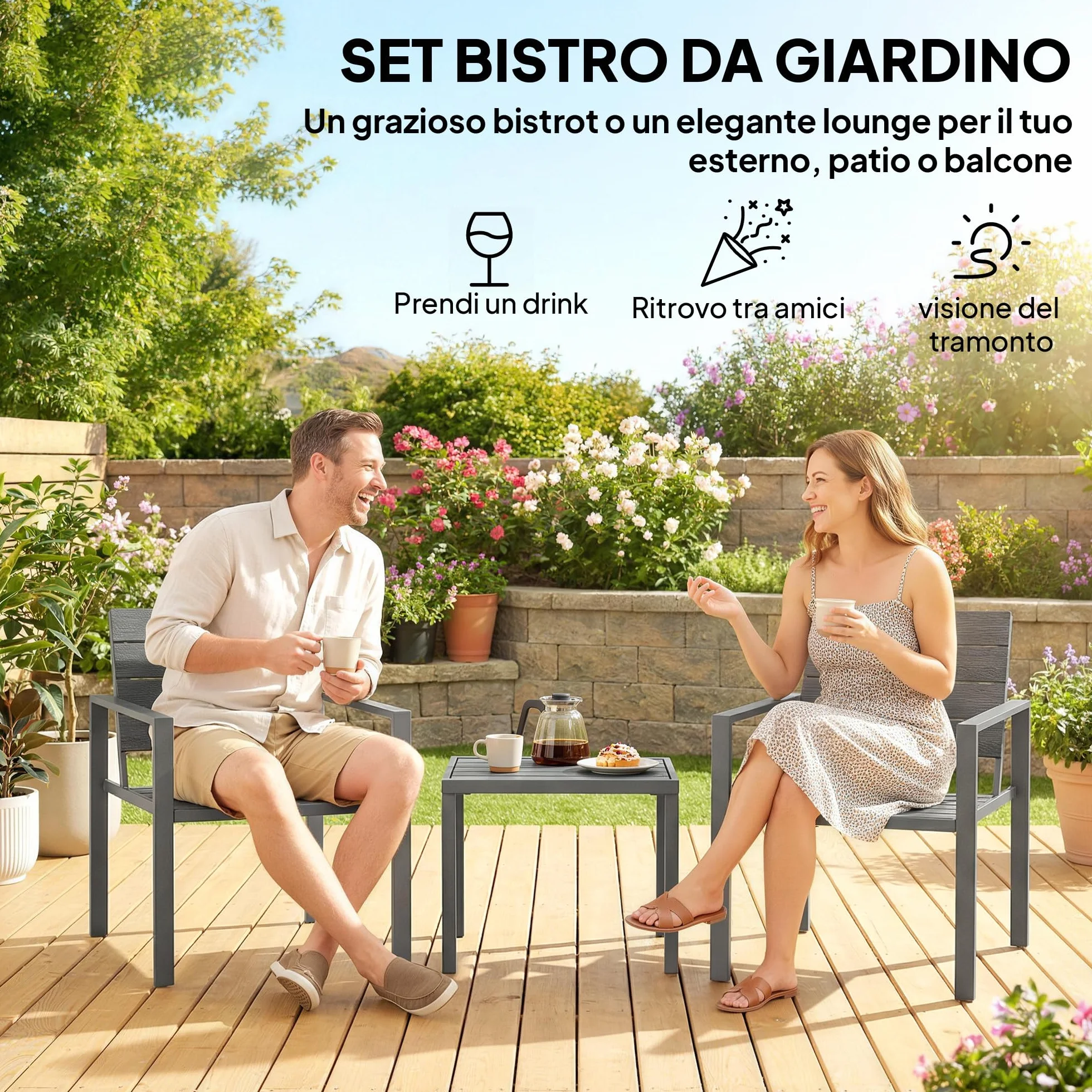 Outsunny Set da Bistrò 3 Pezzi, Set da Giardino in Metallo con Sedie HDPE e Tavolo, Grigio Scuro