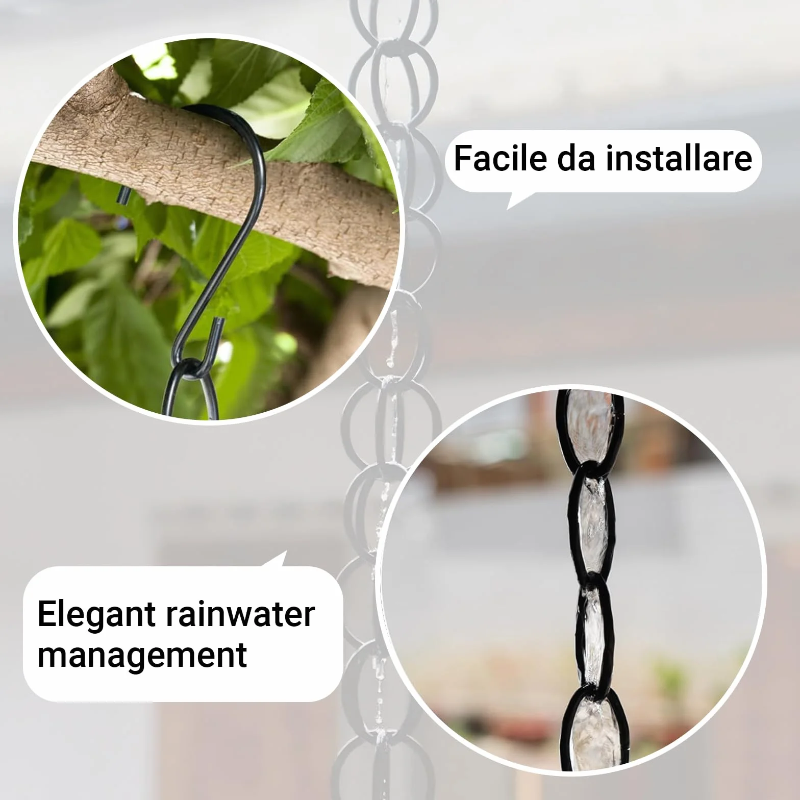 Catena per Pioggia Esterna, Adattatore per Grondaie in Alluminio Nero, con Funzione di Drenaggio e Decorazione PluvialeNero(4m)