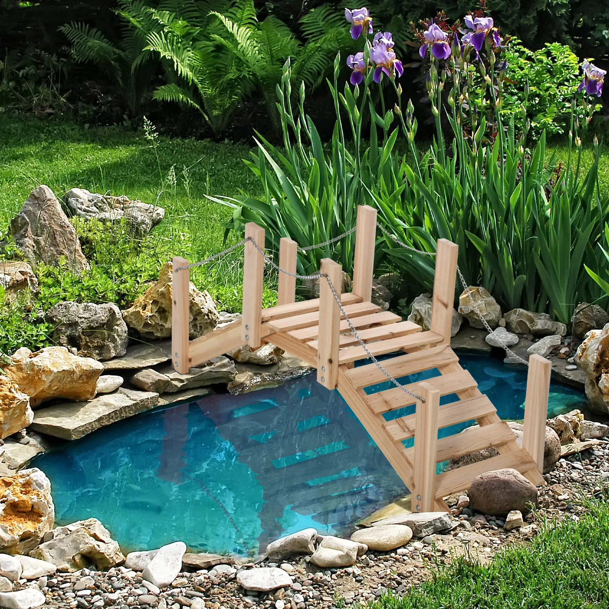 Outsunny Ponte Ponticello da Giardino in Legno per Laghetto con Passerella ad Arco, Impermeabile per Esterni, 100x32x48cm