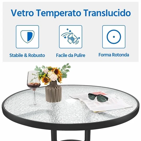 Yaheetech Tavolo da Giardino Rotondo in Vetro Diametro 70 cm con Foro Ombrellone Altezza 73 cm Nero