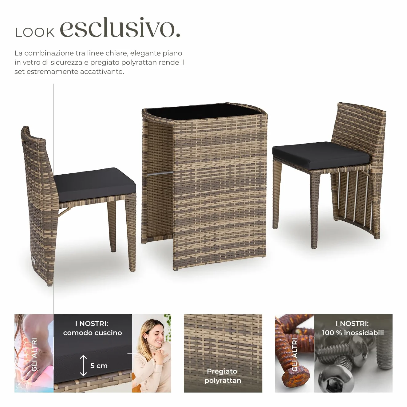 Set Bistrot Rattan Amburgo con Cuscini Idrorepellenti e Telaio in Alluminio