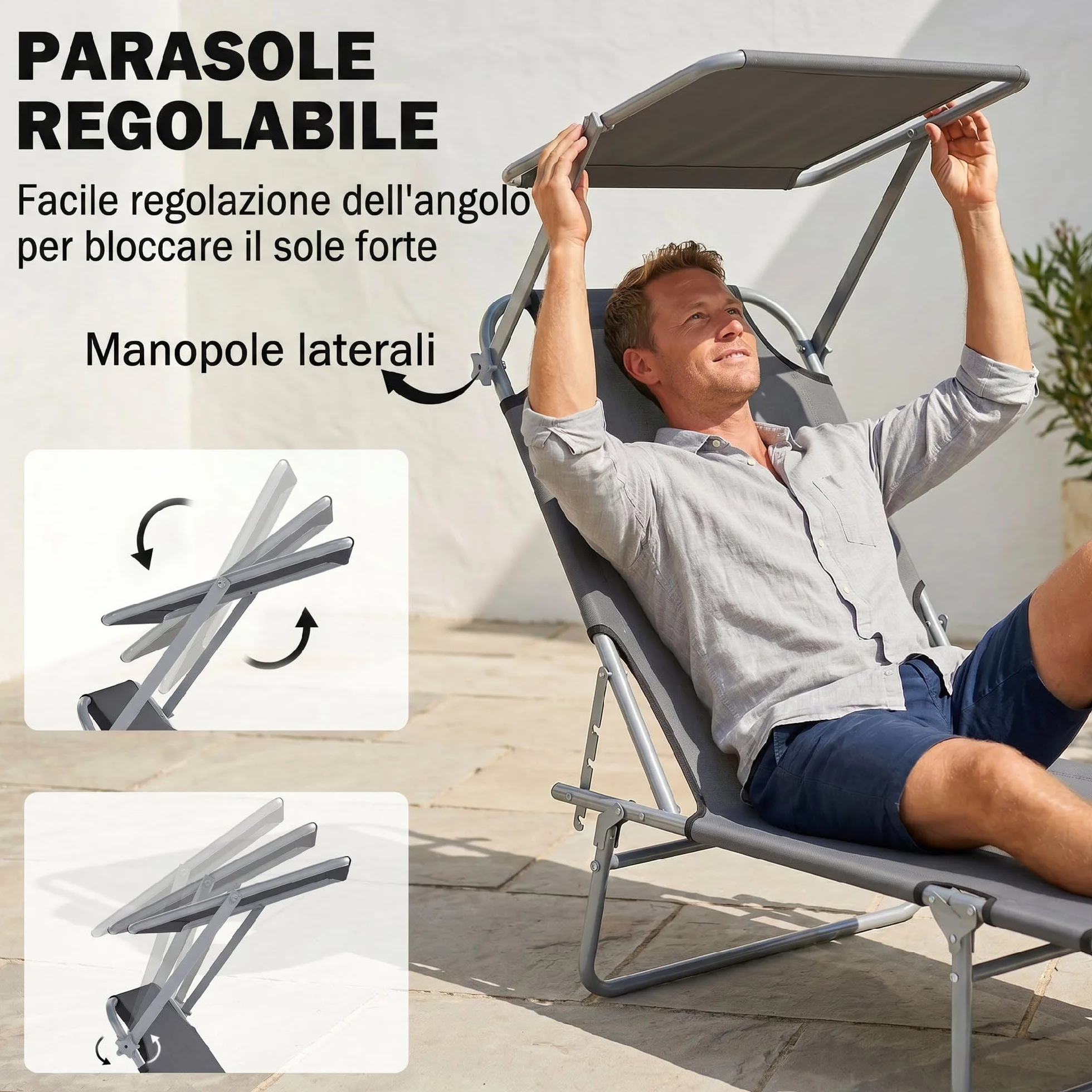 Outsunny Sdraio da Giardino Pieghevole con Tettuccio Schienale Regolabile in Tessuto Oxford e Metallo 187x58x36 cm Grigio