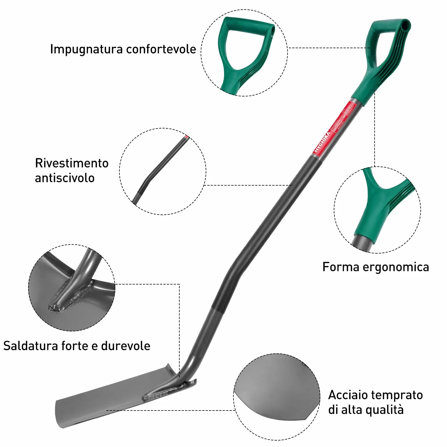 HYCHIKA Pala da Giardino Circolare, Vanga da Giardinaggi, Pala da Scavo, Acciaio Temprato di Alta Qualità, Manico Ergonomico Impugnatura a D, per Piante, Agricola, Diserbo, Spalatura Neve