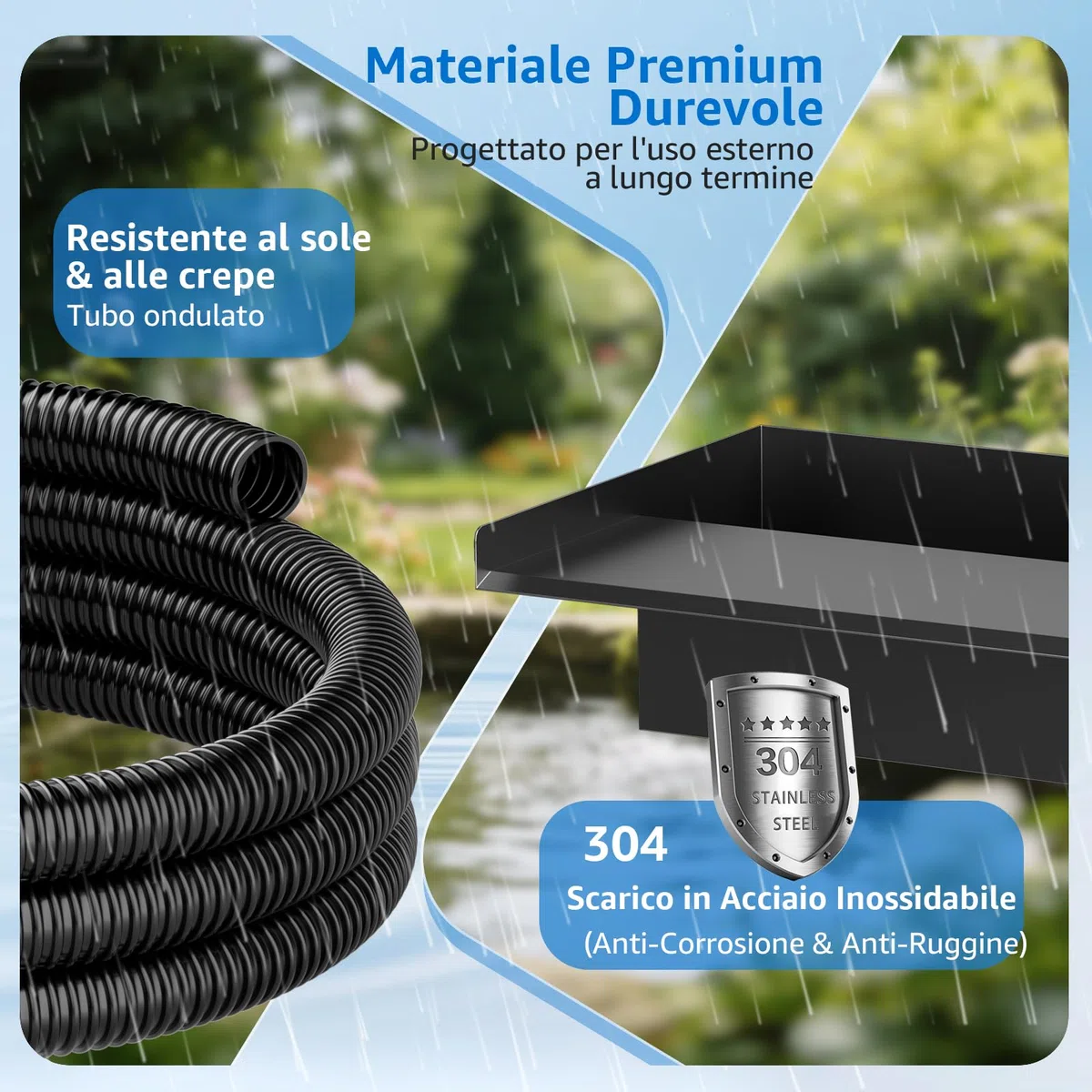 Kit Cascata per Laghetto Esterno 30 cm: Versatore Cascata in Acciaio Inox 304 con Pompa 2500 L/h, Tubo Antigelo 4 m e Cavo 4 m – Set Completo per Fontana a Cascata per Giardino e Piscina