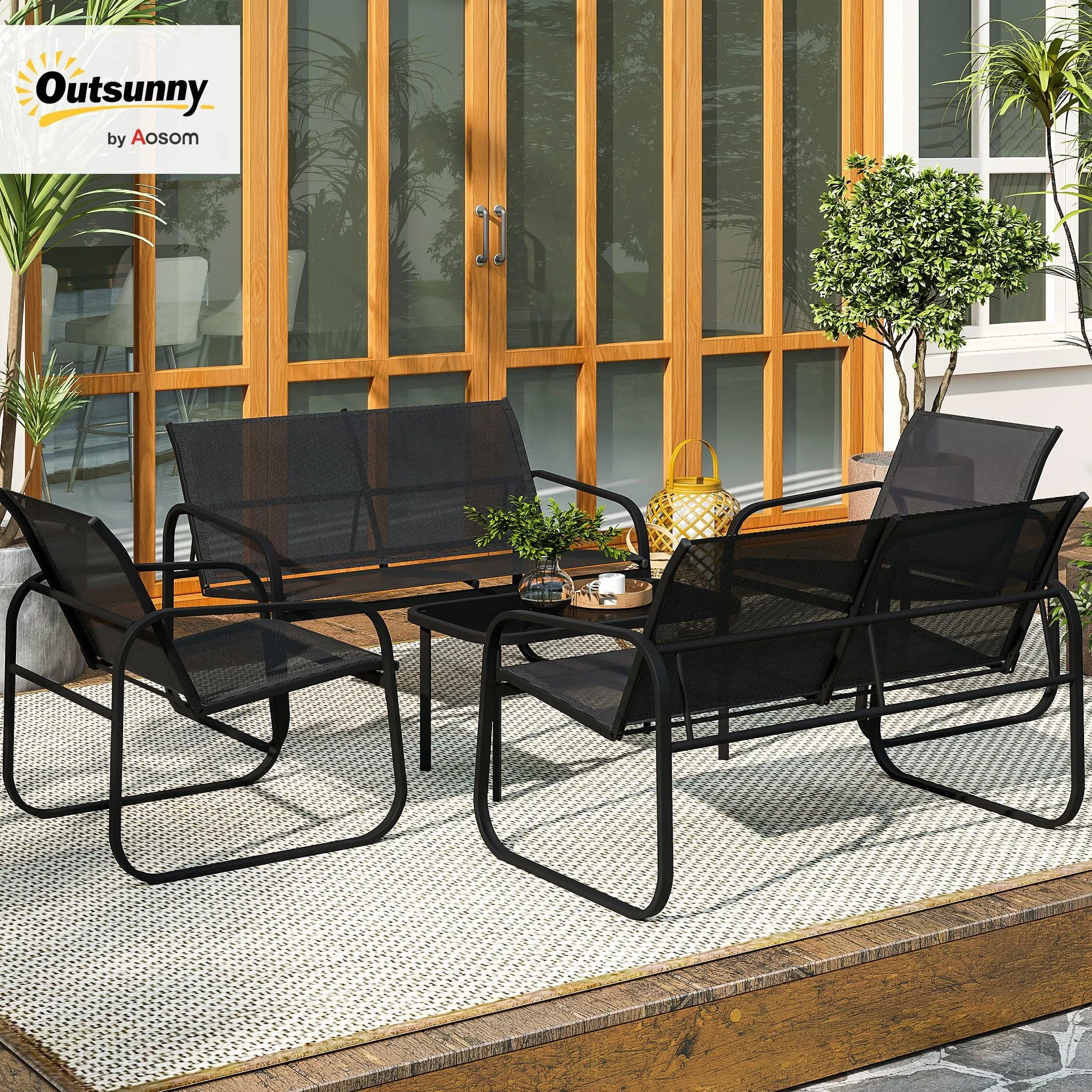 Outsunny 5-częściowy zestaw salonowy ogrodowy z 2 sofami, 2 fotelami i stolikiem kawowym, stal, Textilene, czarny