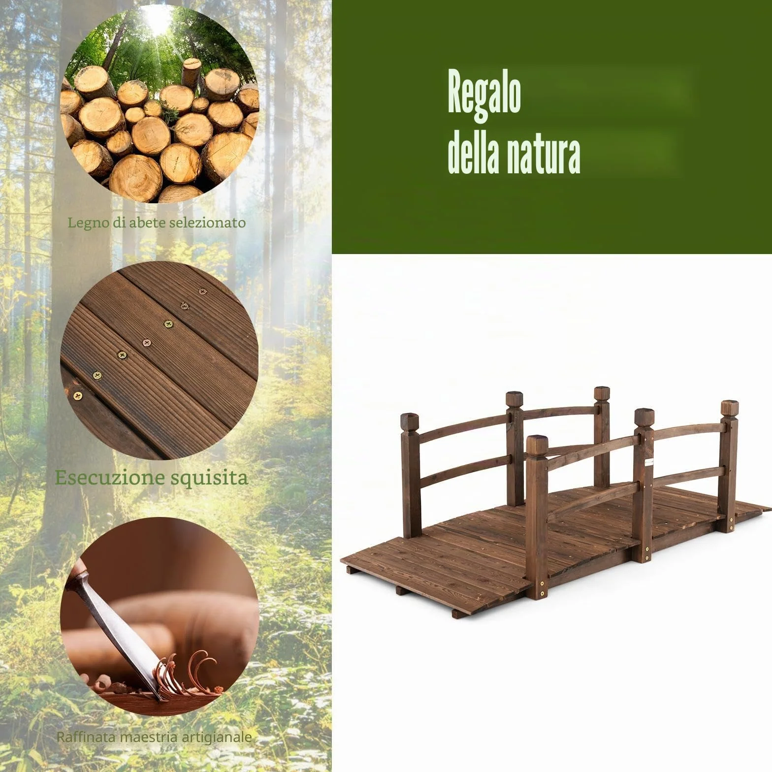 SOARS Ponte da Giardino in Legno di Abete Carbonizzato con Ringhiere, Ponticello Grande Calpestabile per Giardino e Stagno Portata 150 kg, 172 × 76 × 58 cm, Marrone