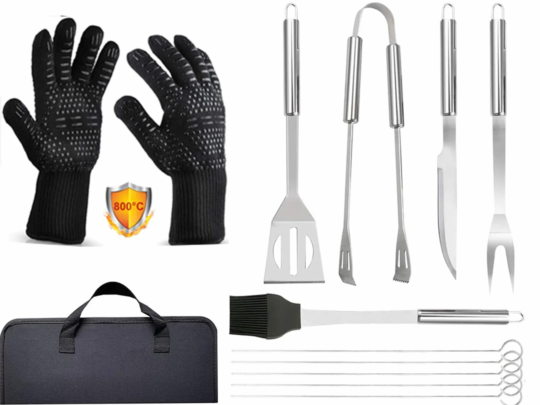 Set 9 pezzi Utensili barbecue+Guanti da Barbecue,Acciaio Inox Set Di Attrezzi,Guanti da forno Doppio Resistente al Calore - 1472 ° F / 800 ° C,per Barbecue, Grigliate, Cottura al forno, Camino