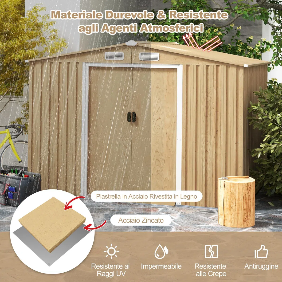 RELAX4LIFE Casetta da Giardino per Attrezzi, in Lamiera d'Acciaio e e Lamiera Zincata con Fondazione, Doppie Porte Scorrevoli, Rampa, 4 Fori di Ventilazione e 4 Guanti Inclusi (259 x 196 x 184 cm)