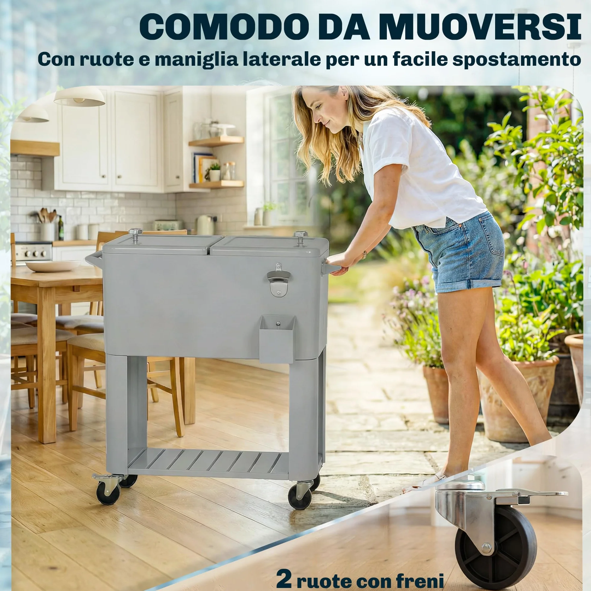 Outsunny Ghiacciaia da Giardino 76L, Carrello Portavivande con Ripiano, Apribottiglie, Ruote Bloccabili, Argento