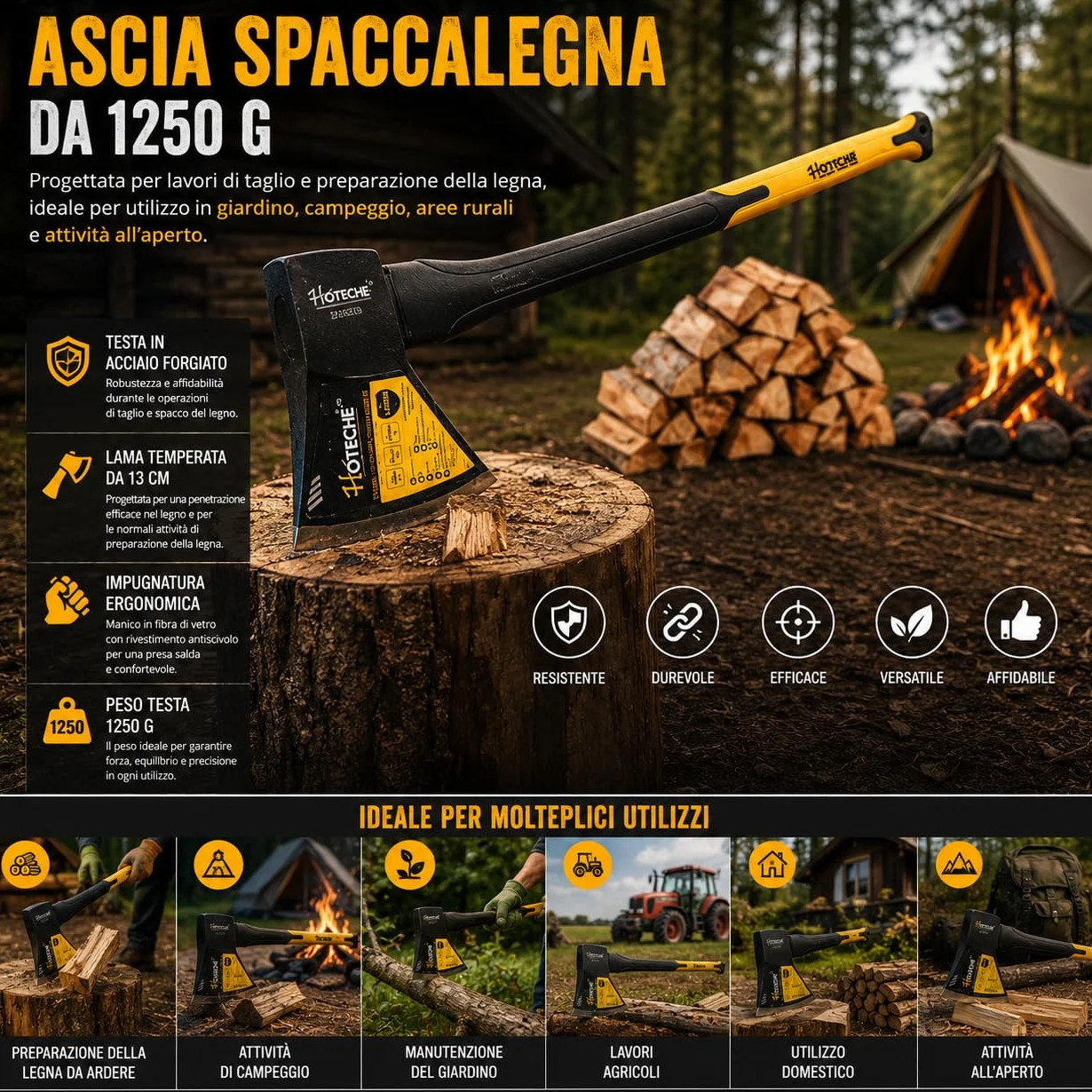 Mazza Accetta Spaccalegna 1250 g Manico 80 cm ABS Antiscivolo Ascia Legna Acciaio Forgiato Lama Temperata 13 cm