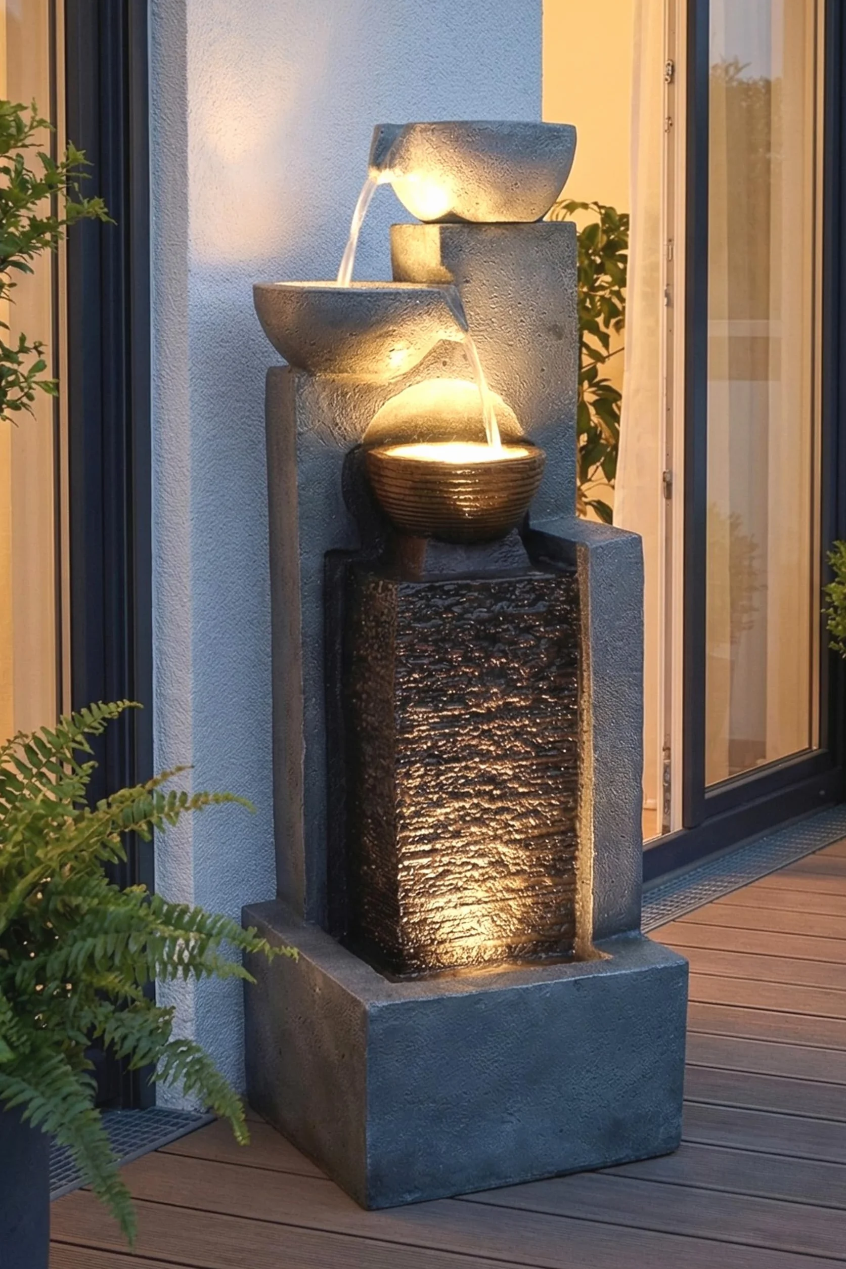 Arnusa, Grande fontana da giardino con illuminazione a LED, fontana a cascata, decorazione da giardino, Nero, Grigio