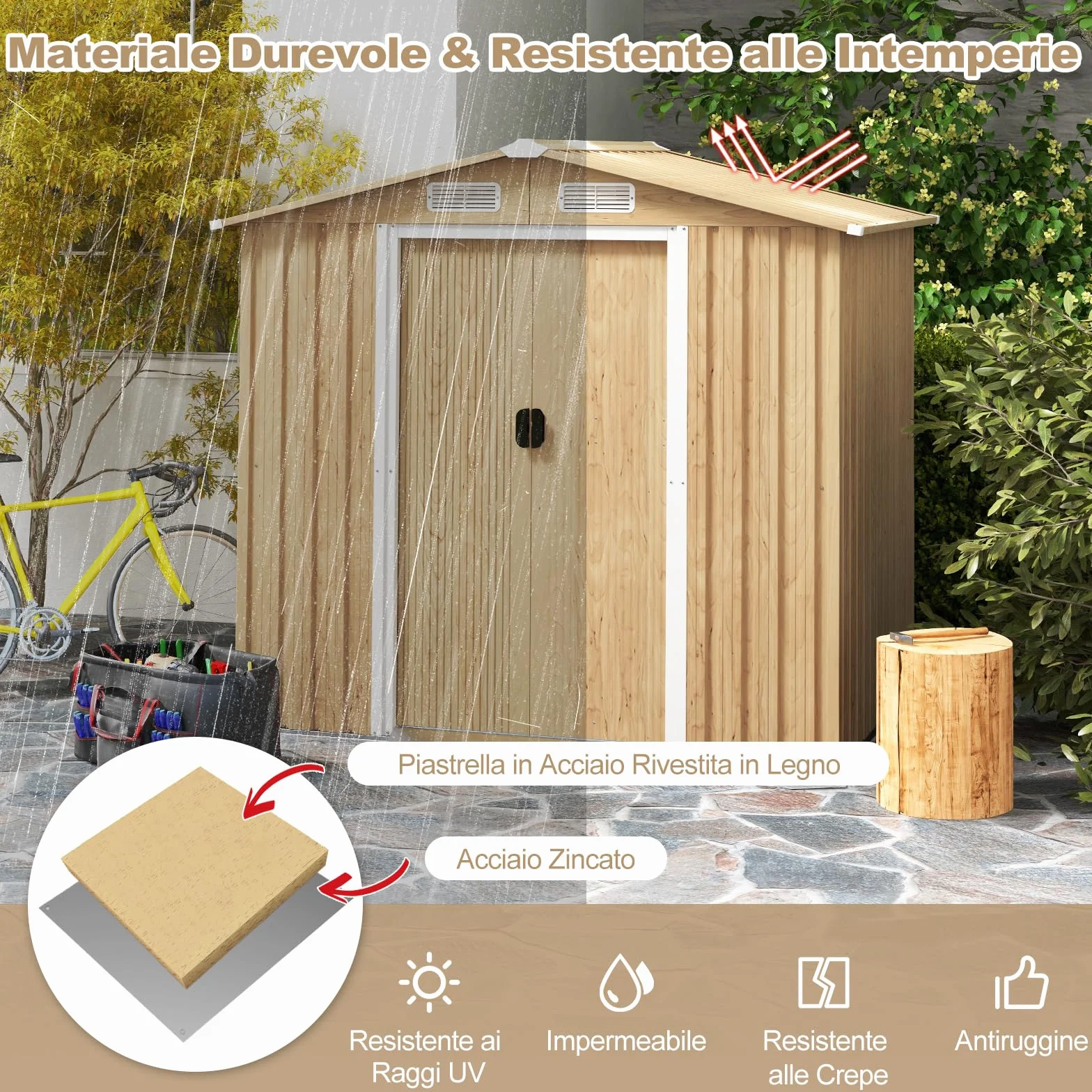 COSTWAY Casetta da Esterno 2,34㎡ Capanno Porta Attrezzi Lamiera Acciaio Zincata 196 x 142 x 186 cm