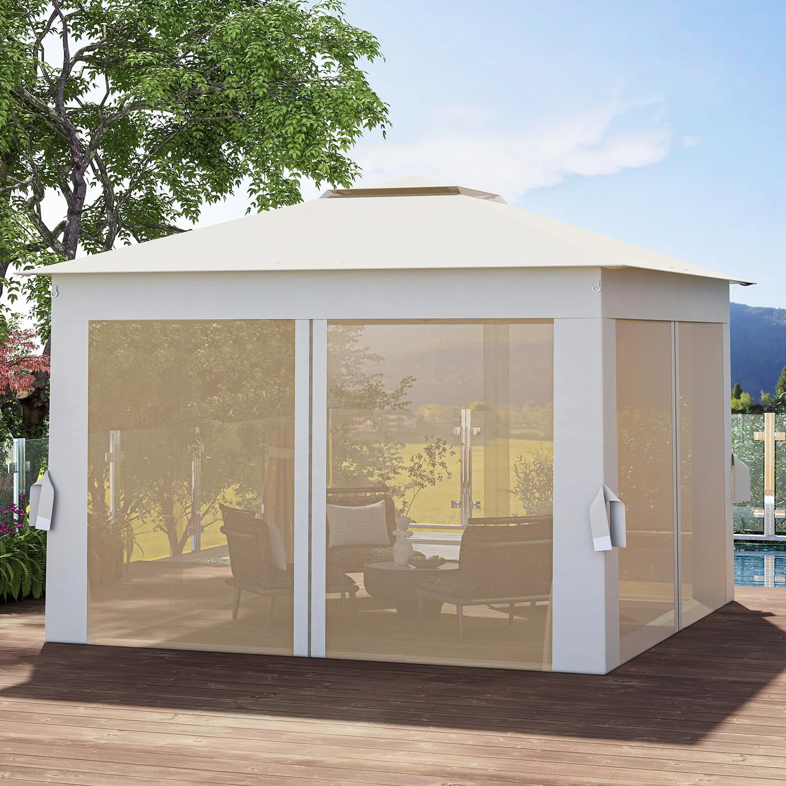 COSTWAY Gazebo Pieghevole 3,4 x 3,4 m con Zanzariera e Tende Laterali Tenda da Giardino Antivento 210D Beige