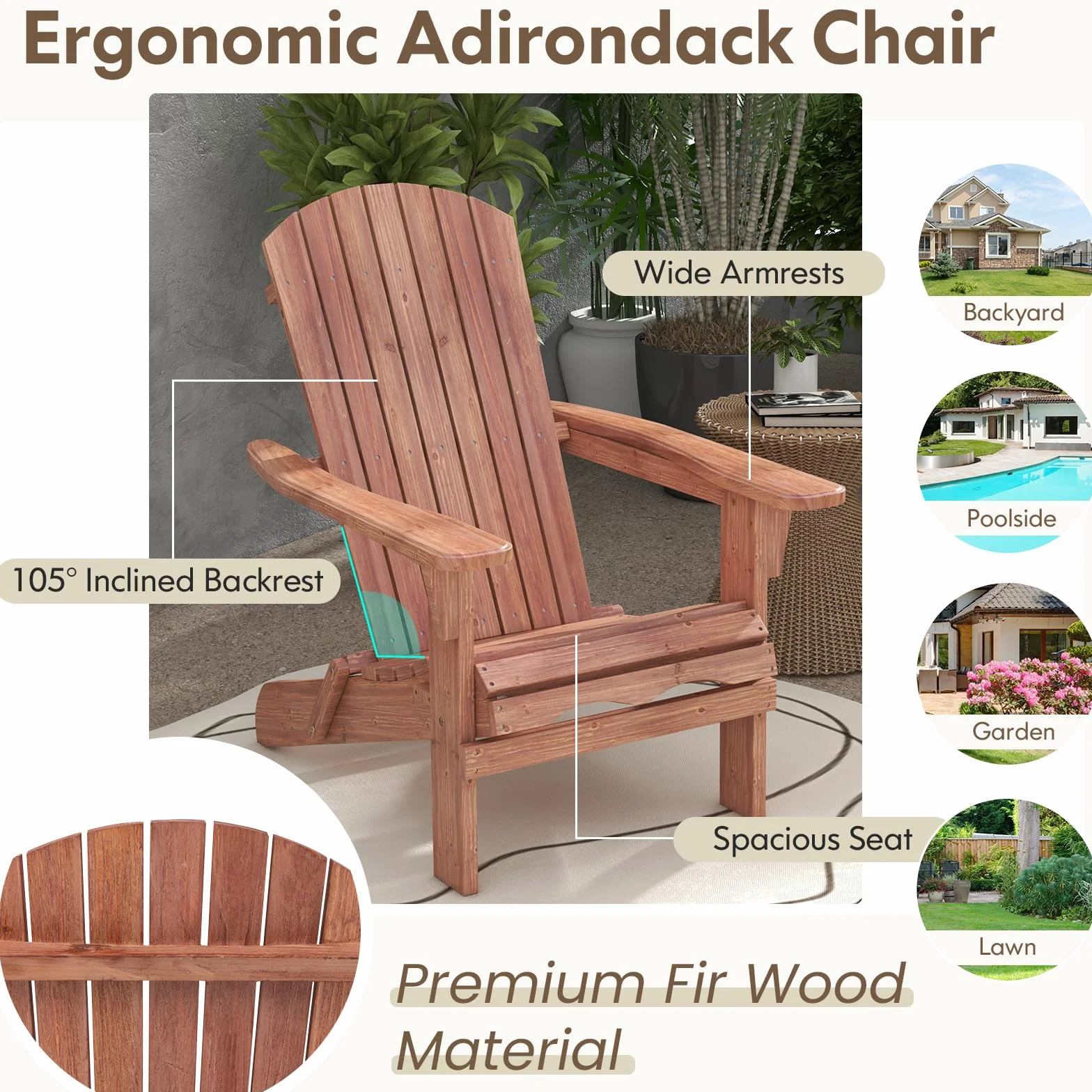 KOMFOTTEU Sedia Adirondack Pieghevole in Legno di Abete, Portata 180kg, Naturale, 2 Pezzi