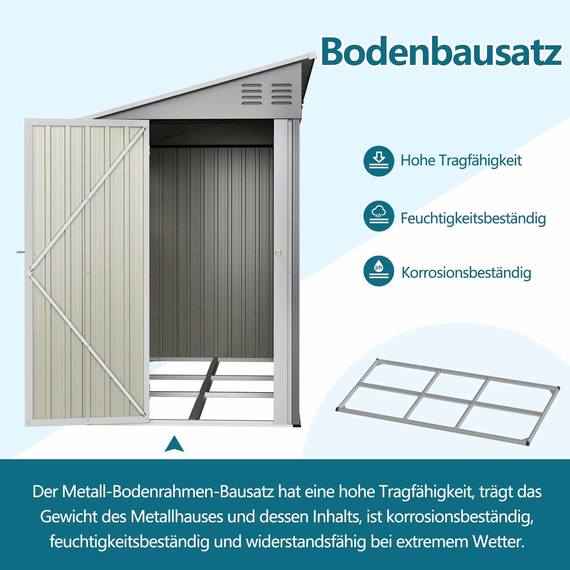 Robusta casetta da giardino in metallo, 1,2 x 3 m, con struttura in acciaio, resistente alle intemperie e sicura, grigio (grigio, 291 x 110,8 x 188,6 cm)