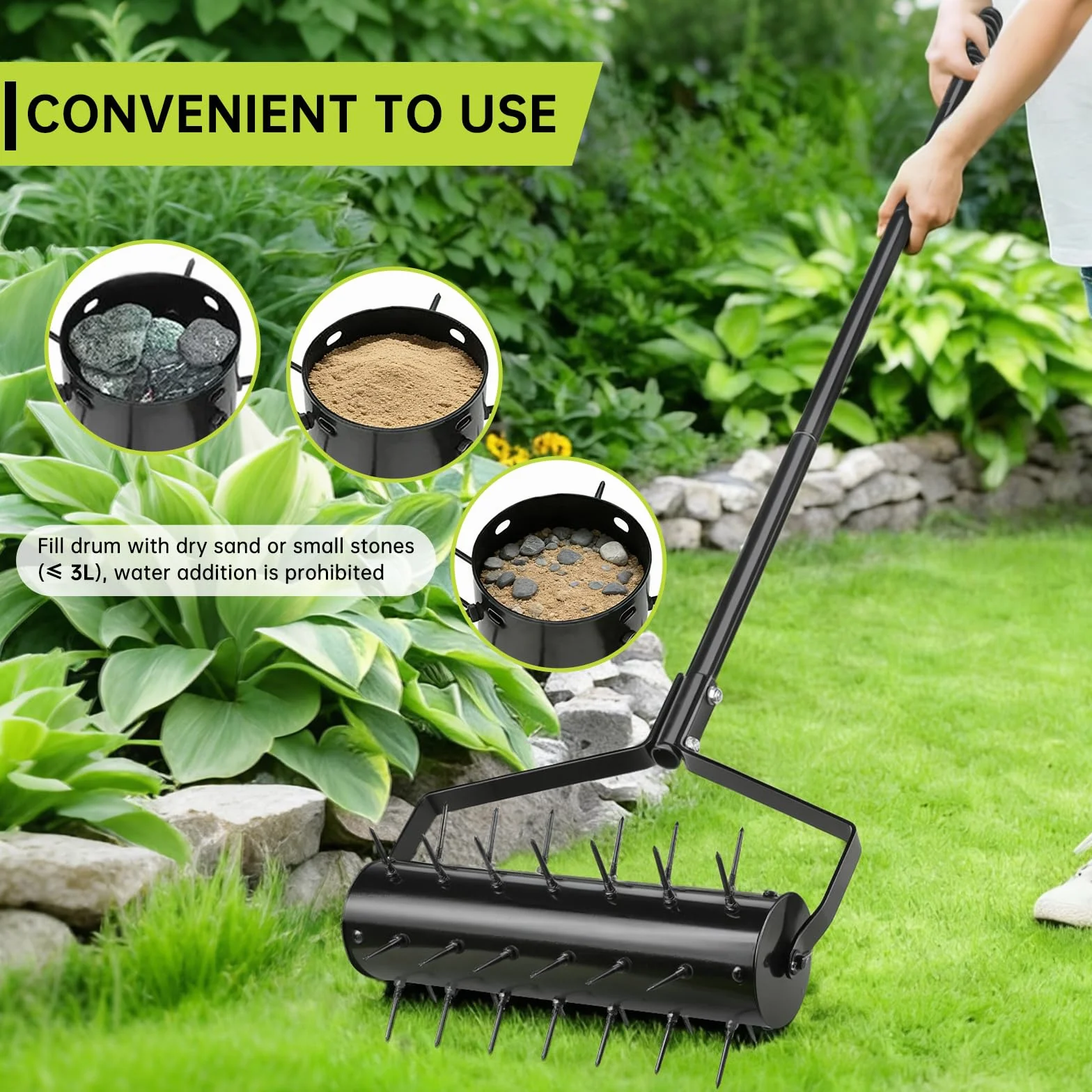 Arieggiatore Manuale a Rullo per Prato 44 x 141 cm – Verticutatore a Mano con 39 Punte (5,8 cm) e Manico – Rullo Arieggiatore – Diserbante per Giardino, Cortile, Terrazza