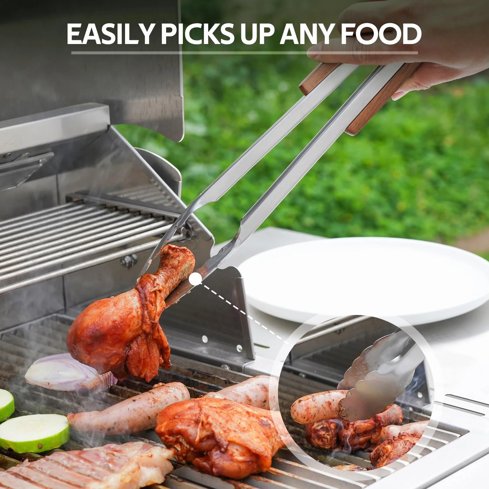 onlyfire Set di Attrezzi per Il Barbecue da 4 Pezzi, Spatola per Piastra Forata, Pinze da Cucina, Forchetta per Grill e Spazzola per Barbecue, Utensili Professionali per Grigliate e Cucina All'aperto