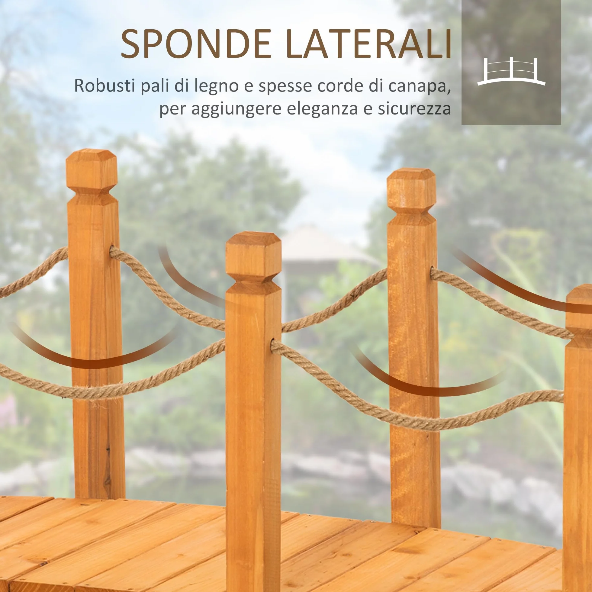 Outsunny Ponte da Giardino ad Arco in Legno d'Abete, Ponticello di Legno da Cortile con Sponde Laterali in Corda di Canapa,150x58x58.5cm, Arancione