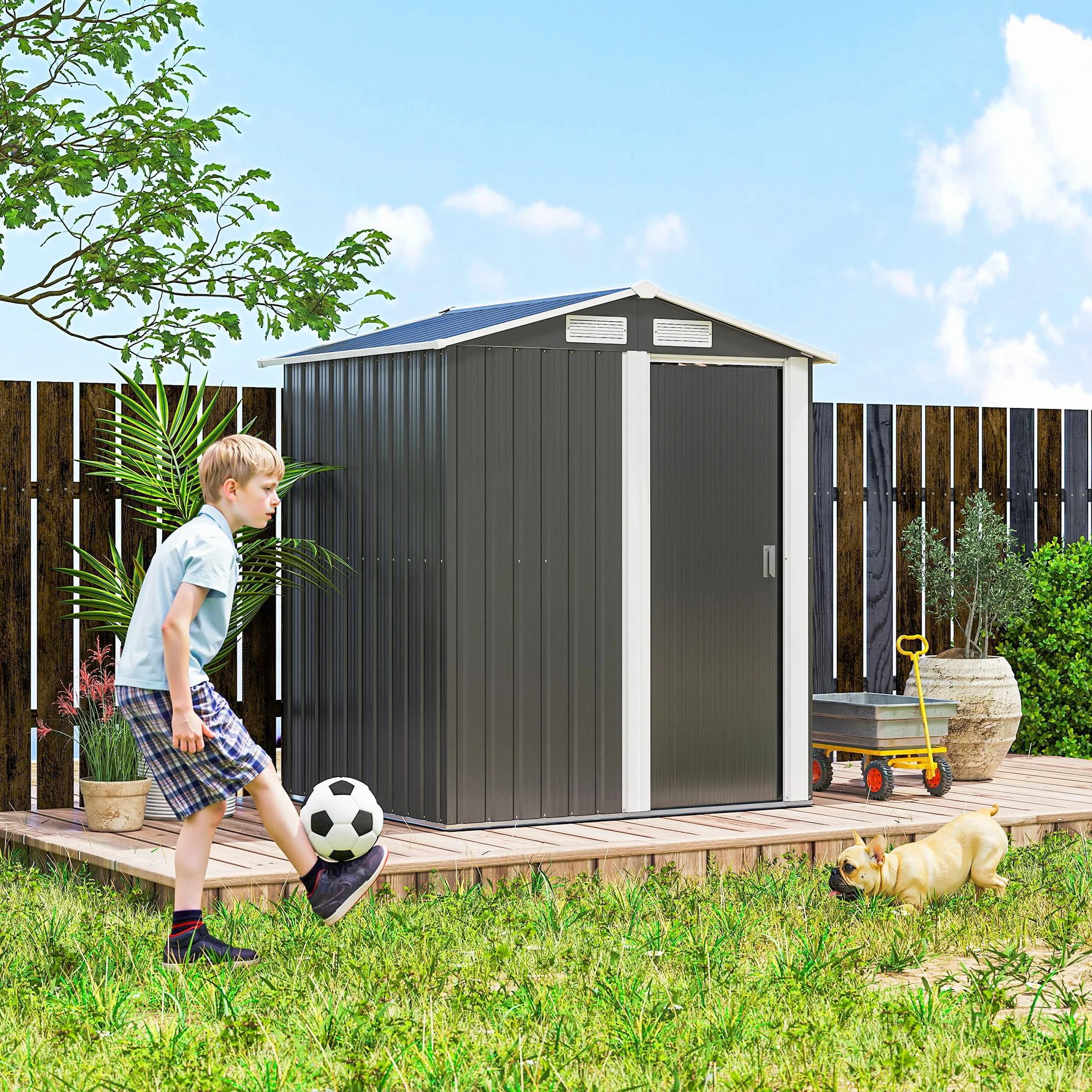 Outsunny Casetta da Giardino 1.7m² in Acciaio Zincato con kit Fondazione, Capanno da Giardino Porta Attrezzi con Tetto Inclinato, 4 Prese d'Aria, Porta Scorrevole, 152x132x188 cm, Grigio Scuro